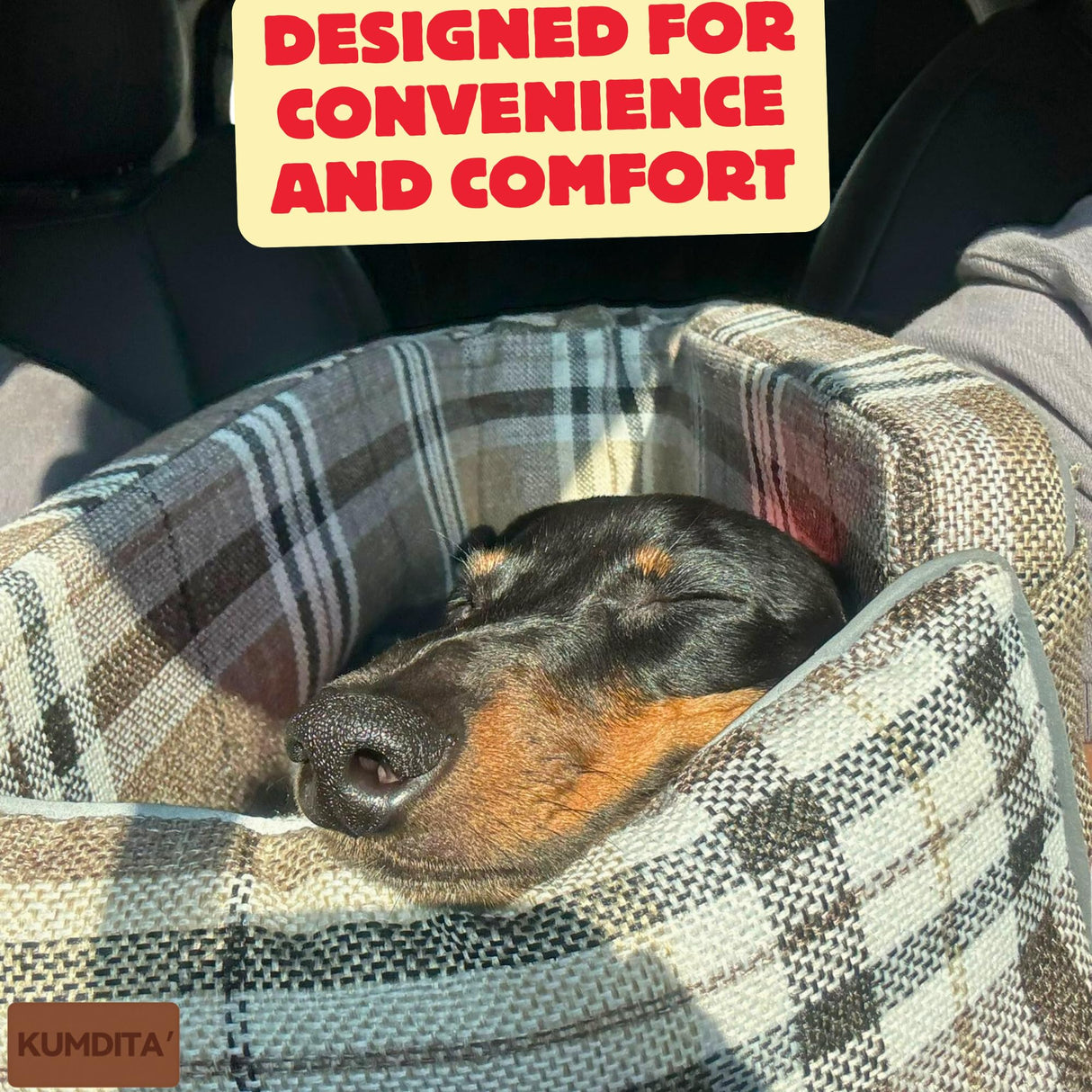 Kumdita' Center Console Dog Car Seat & Carrier for Small Dogs & Cats – Portable Booster with Sewn-in Leash, Machine Washable, Fits Most Vehicles (Classic Beige Check)