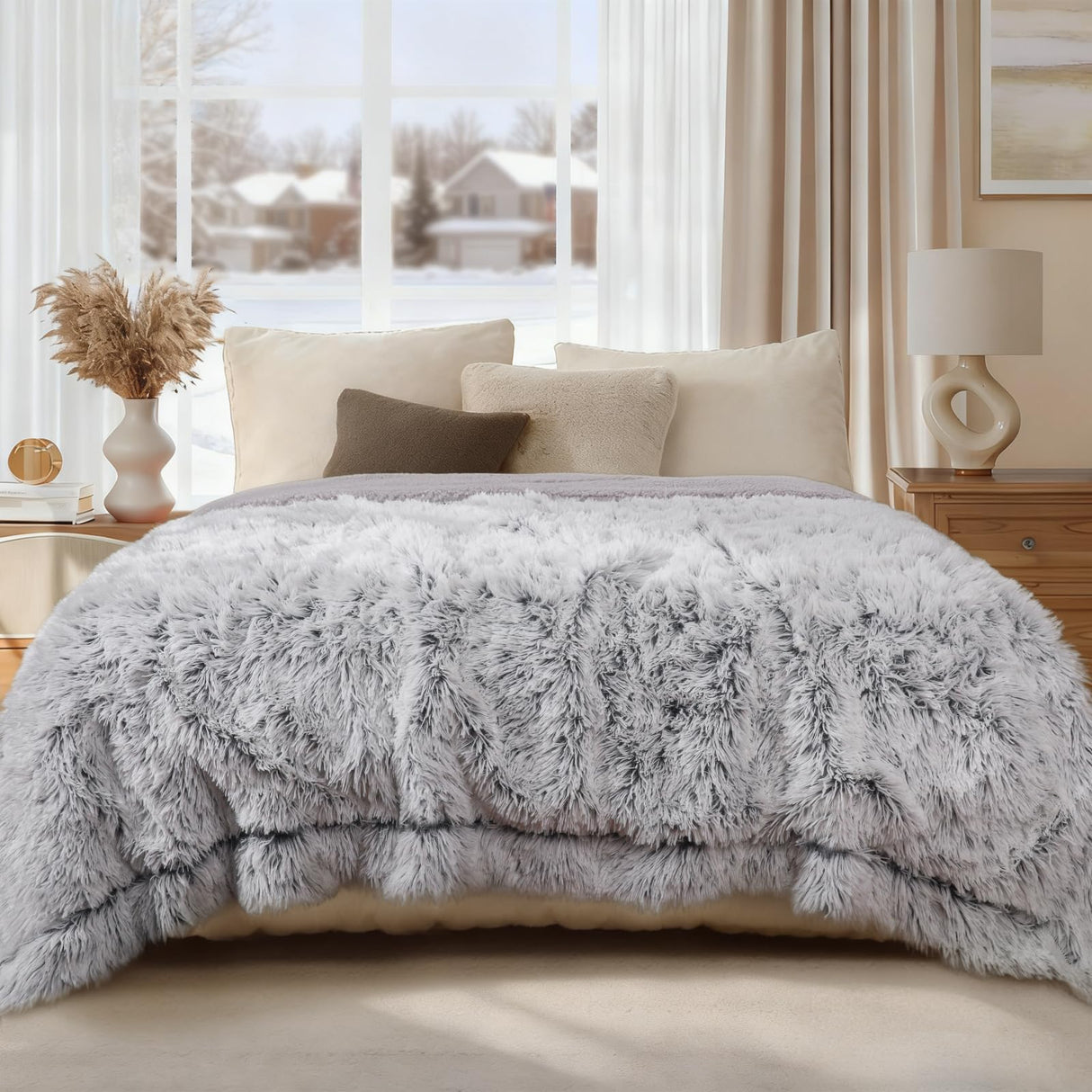 Luciphia Large Waterproof Dog Blanket for Pet Washable Liquid Proof Bed Intimacy Protection Shaggy Plush Calming Long Faux Fur Couch Cover Calming Cat Throw Blankets, Mist Grey, 60" x 80"