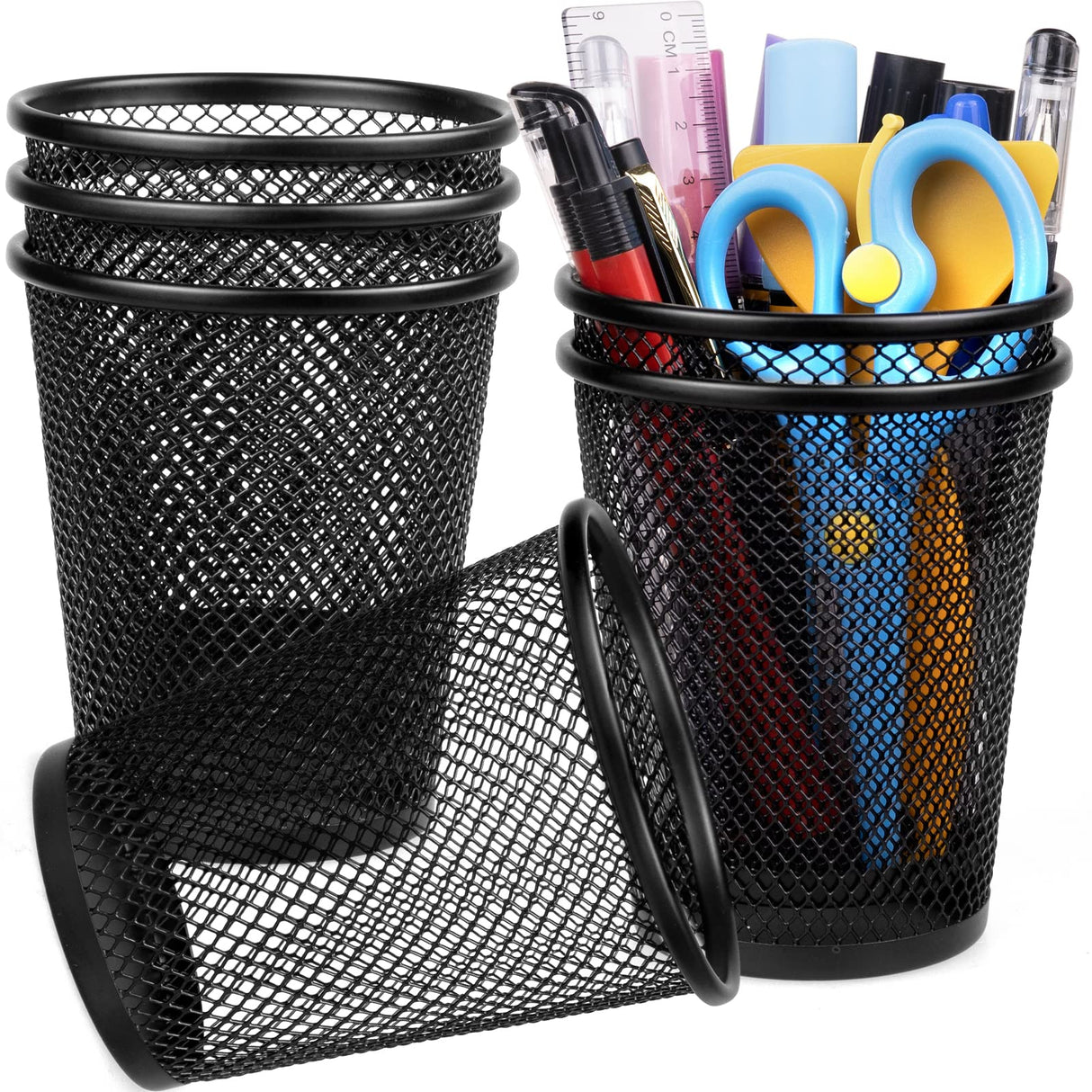 QYH Mesh Pencil Holder Metal Pen Cup Black for Desk, 6 Pack Office Desk Organizer for Business, School & Home