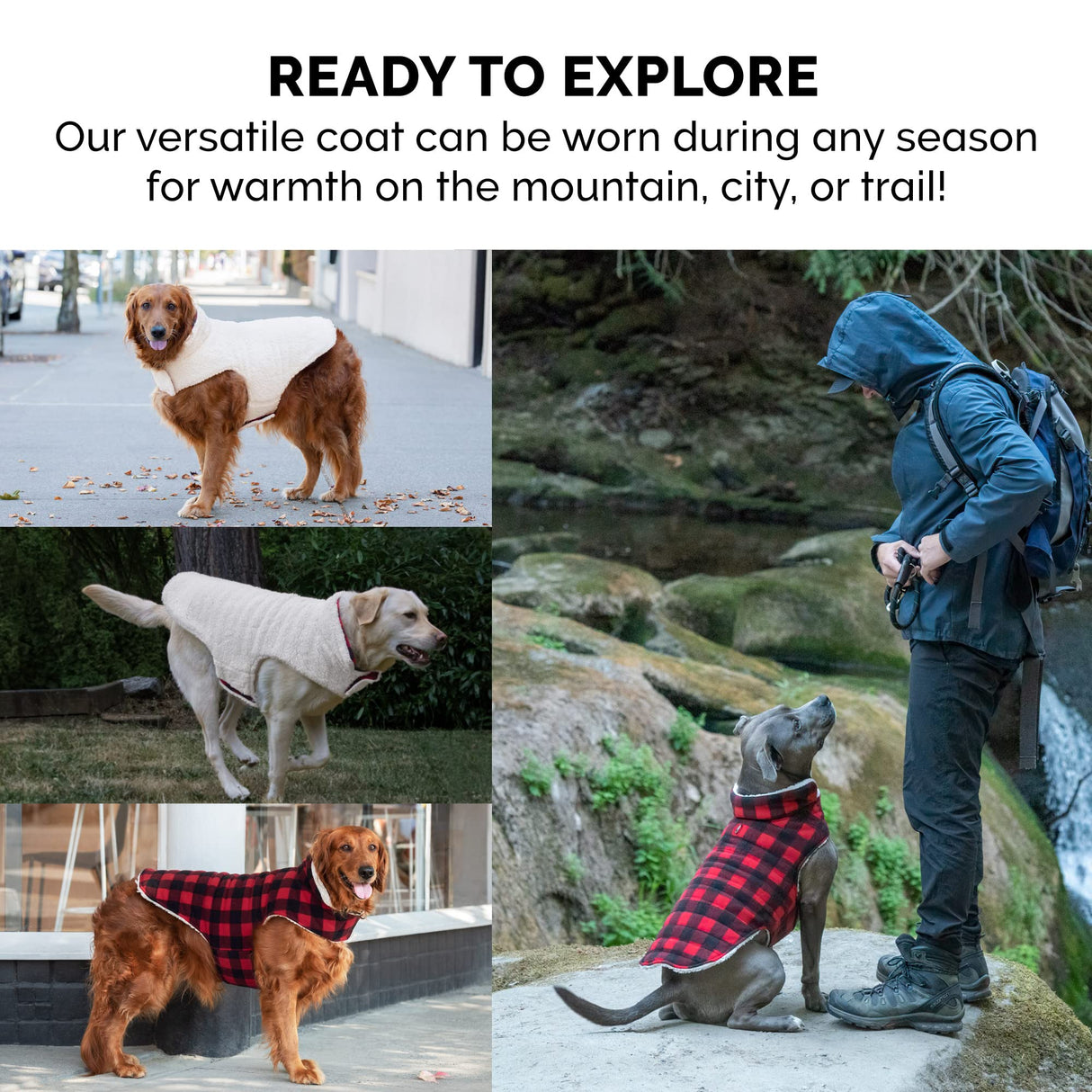 Furhaven Reversible XL Dog Coat, Washable & Insulating w/ Leash Access - Sherpa & Plaid Fleece Flex-Fit Jacket - Cream/Red, Extra Large