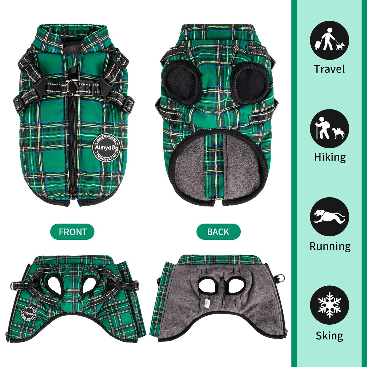 Aimydog Dog Coat with Harness Built in,Dog Winter Jacket with Padded Fleece,Reflective Waterproof Coat for Small Medium Dogs,Green L