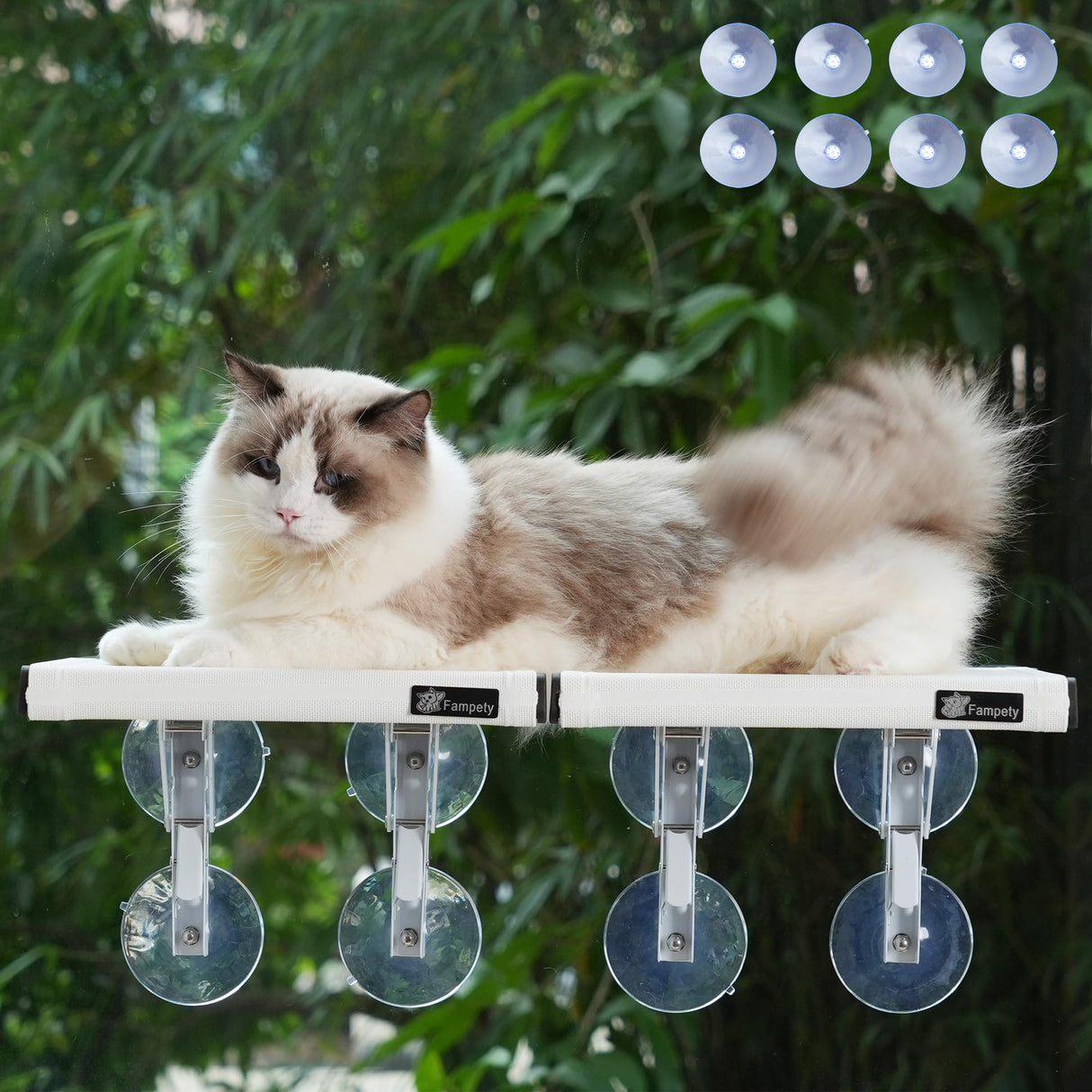 Fampety 24"XL Cat Window Perch=12" Duo Pac Step=2 Mini Stand for Narrow Space,Vertical Gym Set,8+8 Suction Cup,Hold Up 80LB,Foldable Cordless Underneath Support,Textilene Seat Bed,Easy Clean&Dry-White