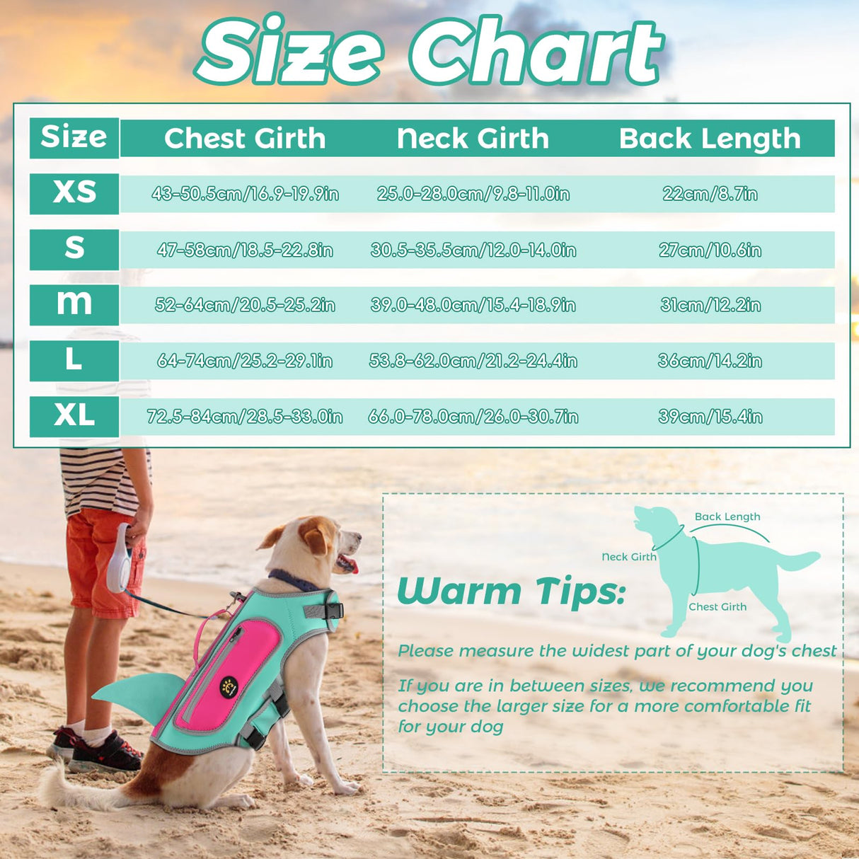 Sheripet Dog Life Jacket, High Buoyancy Shark Dog Safety Vest, Neoprene Pet Life Preserver with Good Visibility & Reflective, Puppy Swim Floating Vest with Rescue Handle for Boating (Turquoise, Small)