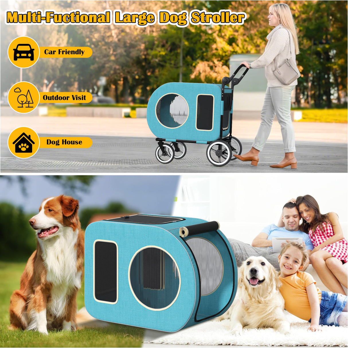 kepptory Dog Stroller with Large Dog House, XL Pet Stroller for 2 Small Dogs with Panoramic Sunroof, Adjustable Handle, Storage Organizer and Sturdy Metal Frame,32.4Lx19.3Wx23.6H(House Size)