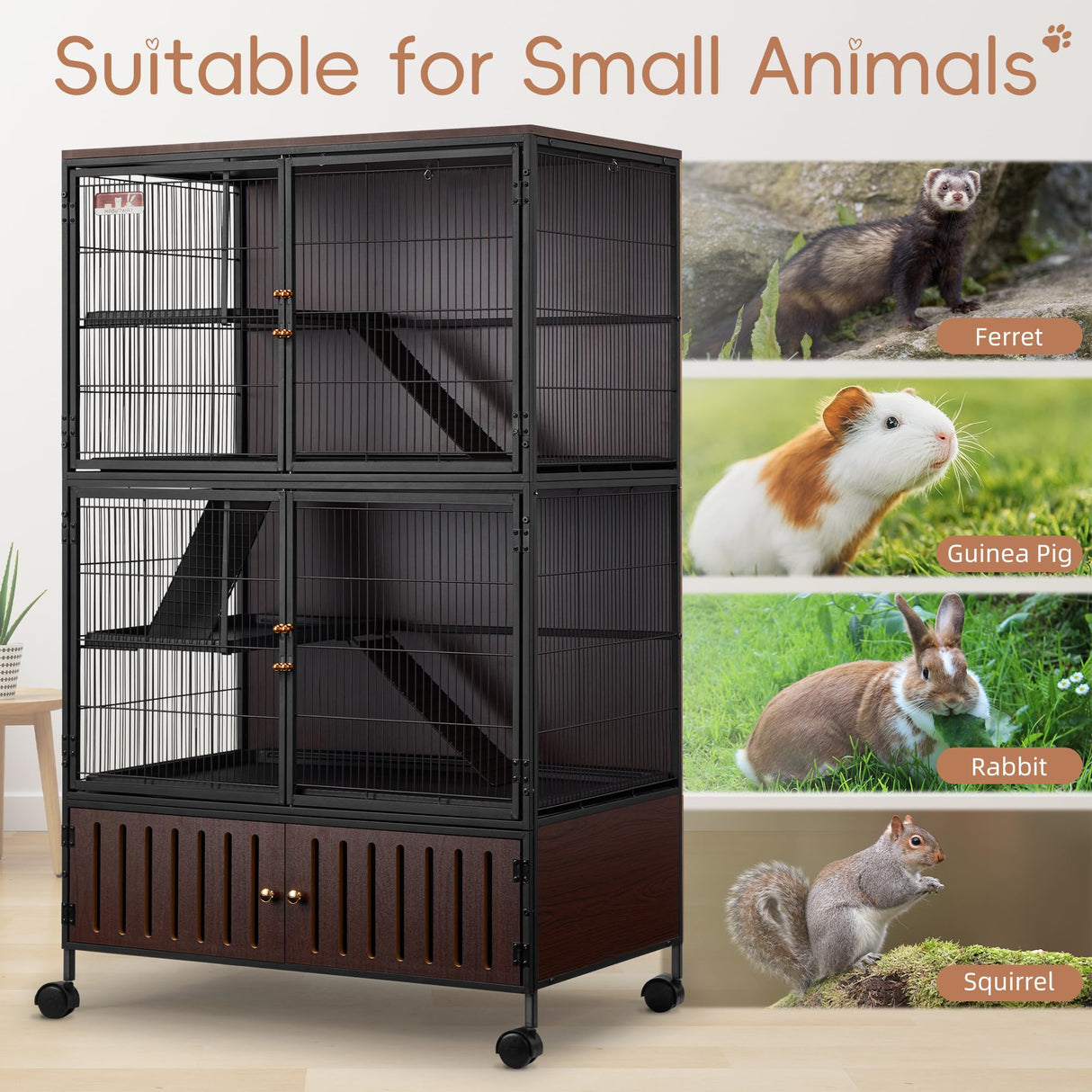 HABUTWAY 60''H Metal Large Ferret Cage, Rolling Chinchilla Cage with Removable Ramps& Double Door, Critter Nation with Locker, Small Animal Cage, Rat Indoor Wooden Pet Crate Furniture