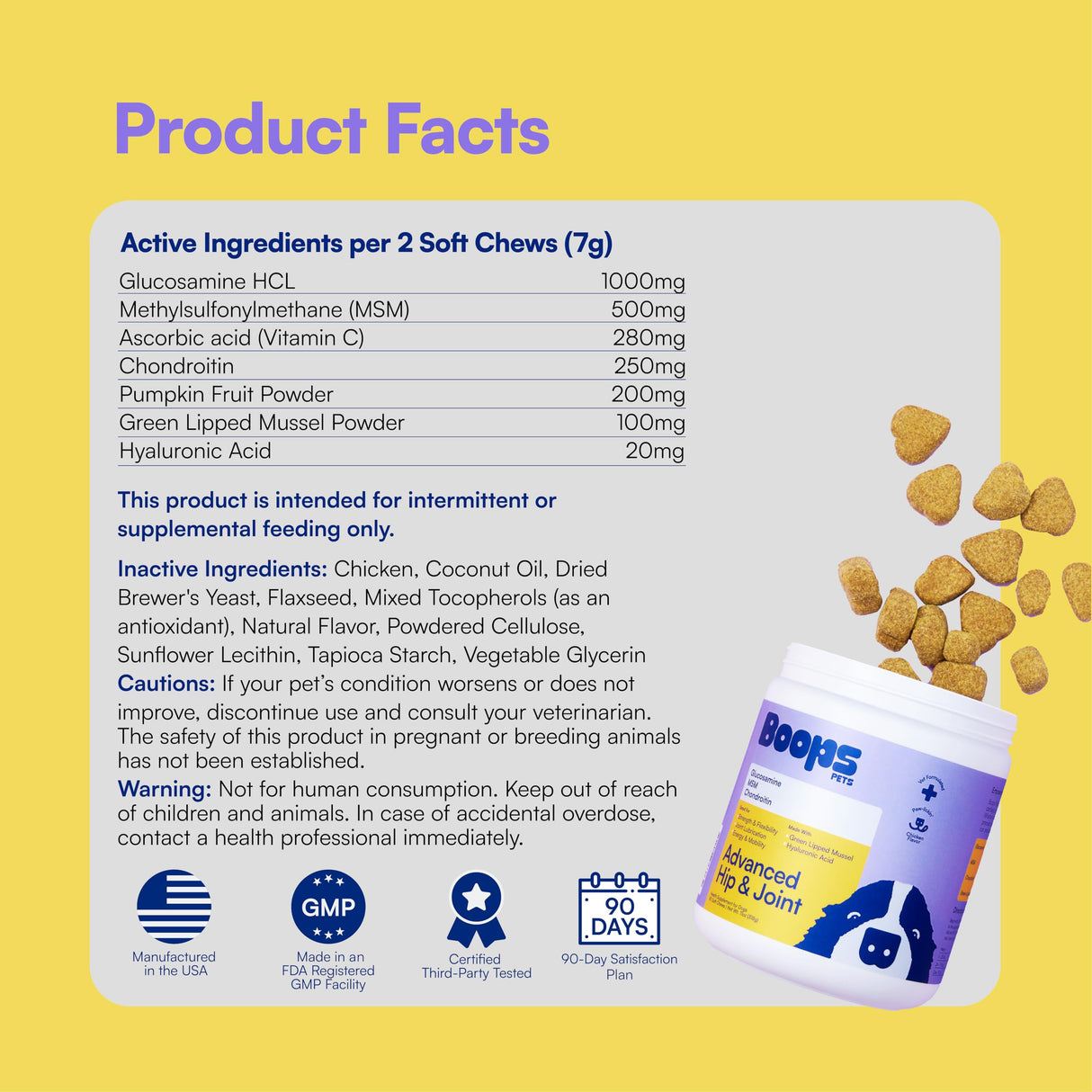 Boops Pets Advanced Hip & Joint Supplement for Dogs - 90 Soft Chews with Glucosamine, MSM, Chondroitin & Multivitamins - Supports Mobility & Flexibility - Made with Pasture-Raised Chicken
