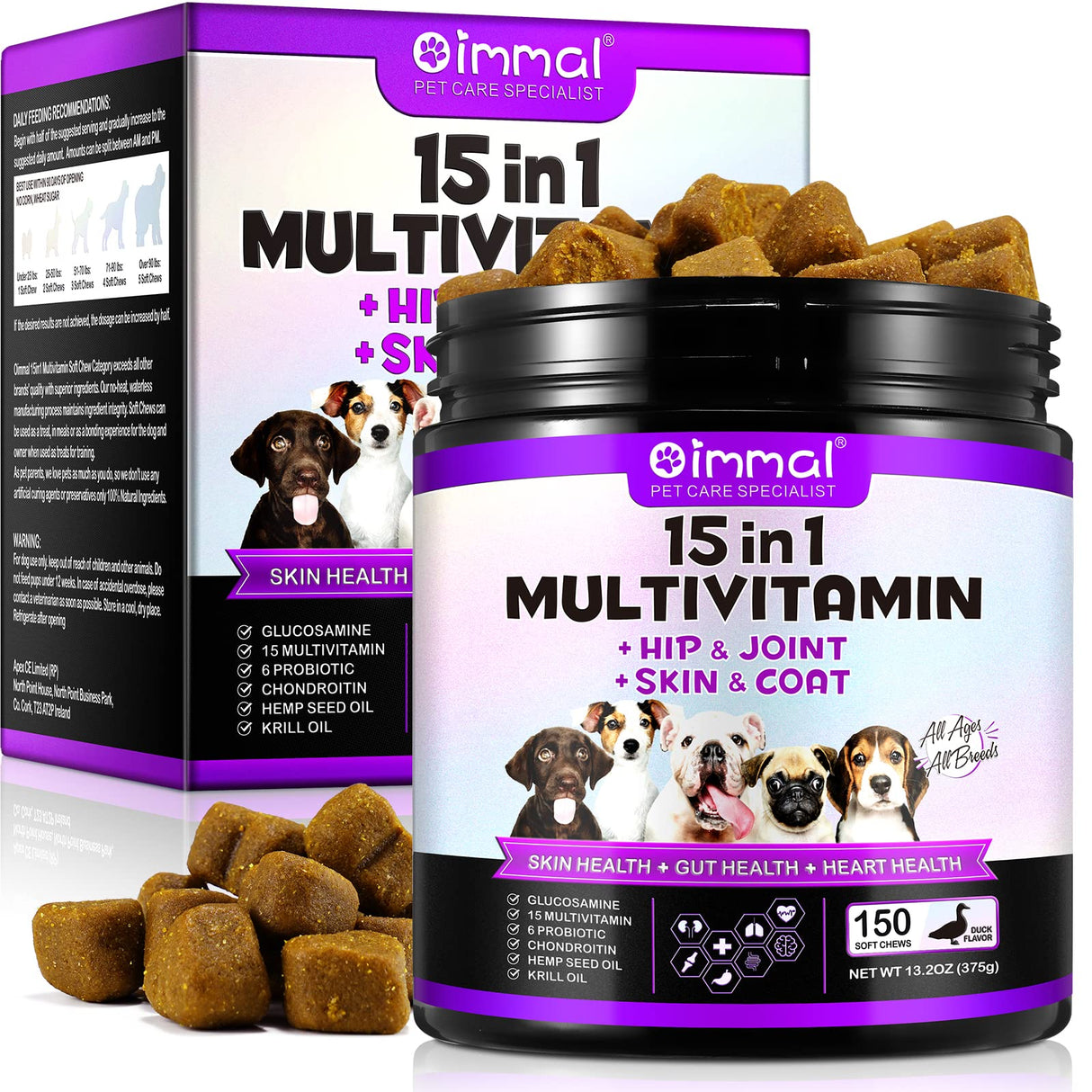 Dog Vitamins and Supplements, 15-in-1 Dog Multivitamin Chews with Glucosamine and Probiotics, Natural Daily Vitamins Treats for Dogs, Pet Health Support-Skin-Immunity-Gut Digestion-Joint-Heart,150pcs