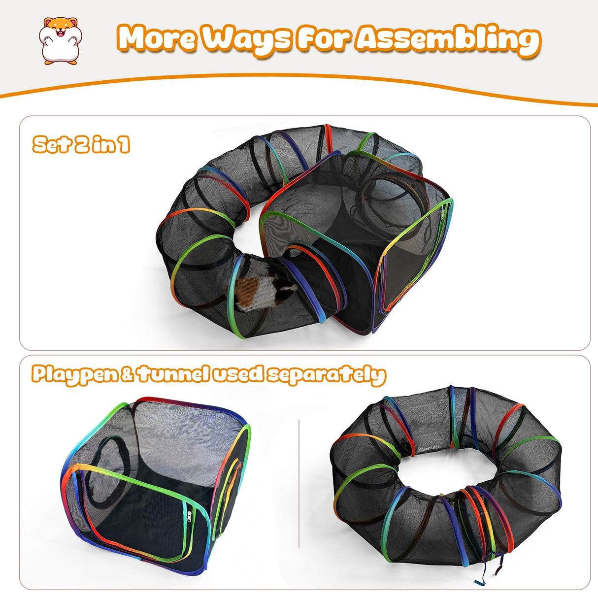 Guinea Pig Playpen with Tunnel, Rainbow Playpen with 98.4" Extended Tube & Open Side, Rabbit Playpen for Bunny, Hamster, Ferret, Chinchilla, Chickens & Small Animals to Play Indoor or Outdoor