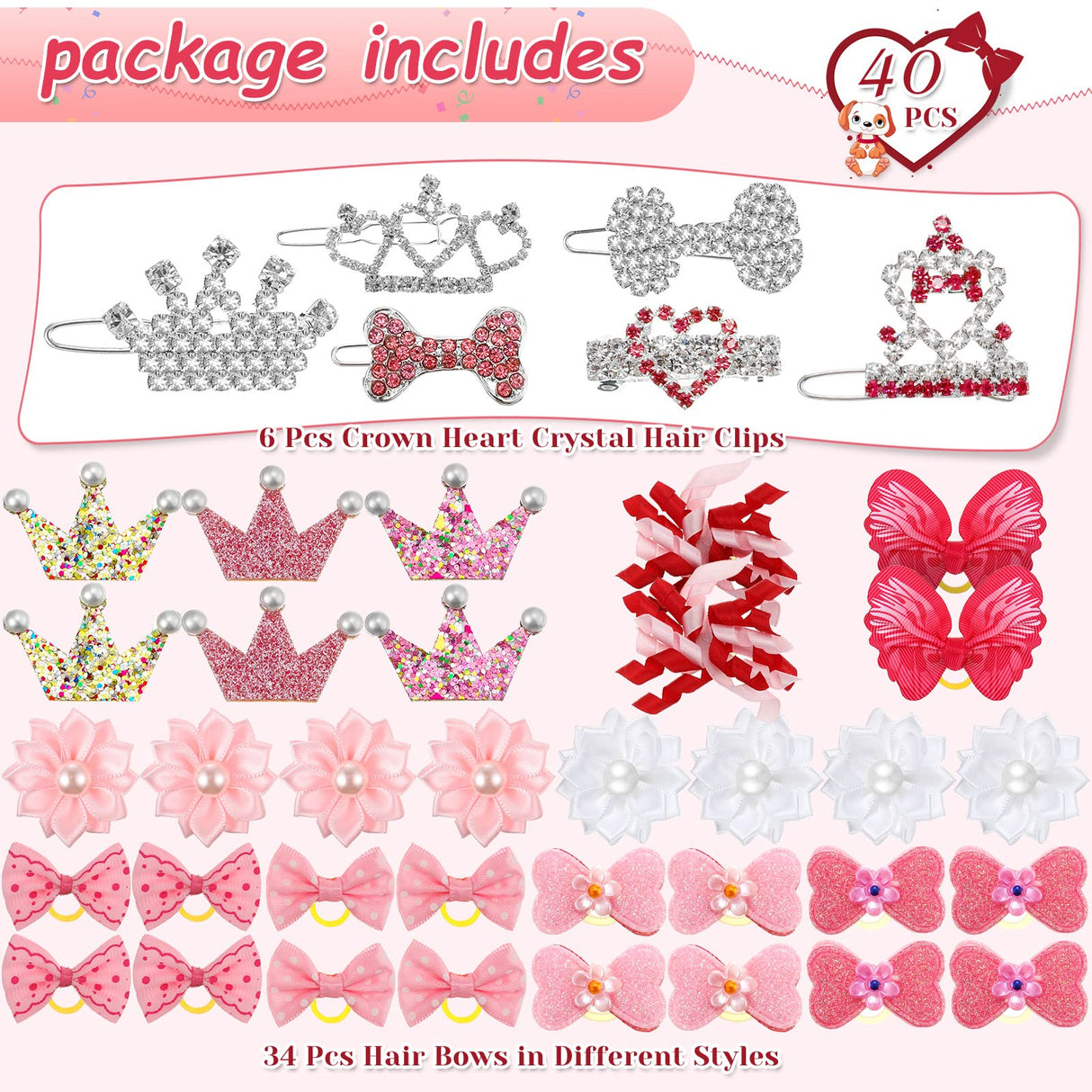 40 Pcs Dog Hair Bows Small Dog Hair Clips Puppy Yorkie Barrettes Princess Style Bow for Cat Party Birthday Grooming Accessories(Pink)