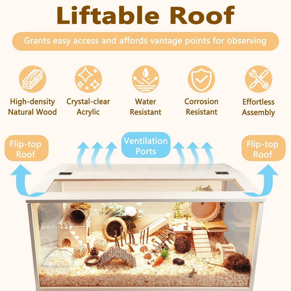 Prolee Hamster Cage Wooden Chew Proof, Extra Large Mice and Rat Habitat Openable Top with Acrylic Sheets Solid Built Small Animal Cage with Leg Stands, 40 Inch Long