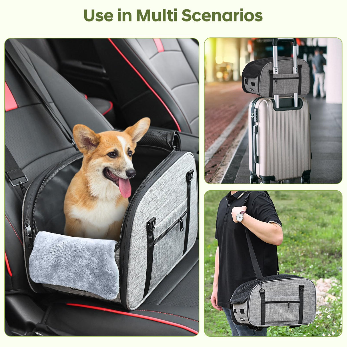 Petzauber Dog Car Seat for Small Dog - Center Console Dog Car Seat with Double Protection Safety Belt and Non-Slip Bottom, Portable Pet Booster Seat with Washable Cushion & Storage Pocket, Grey
