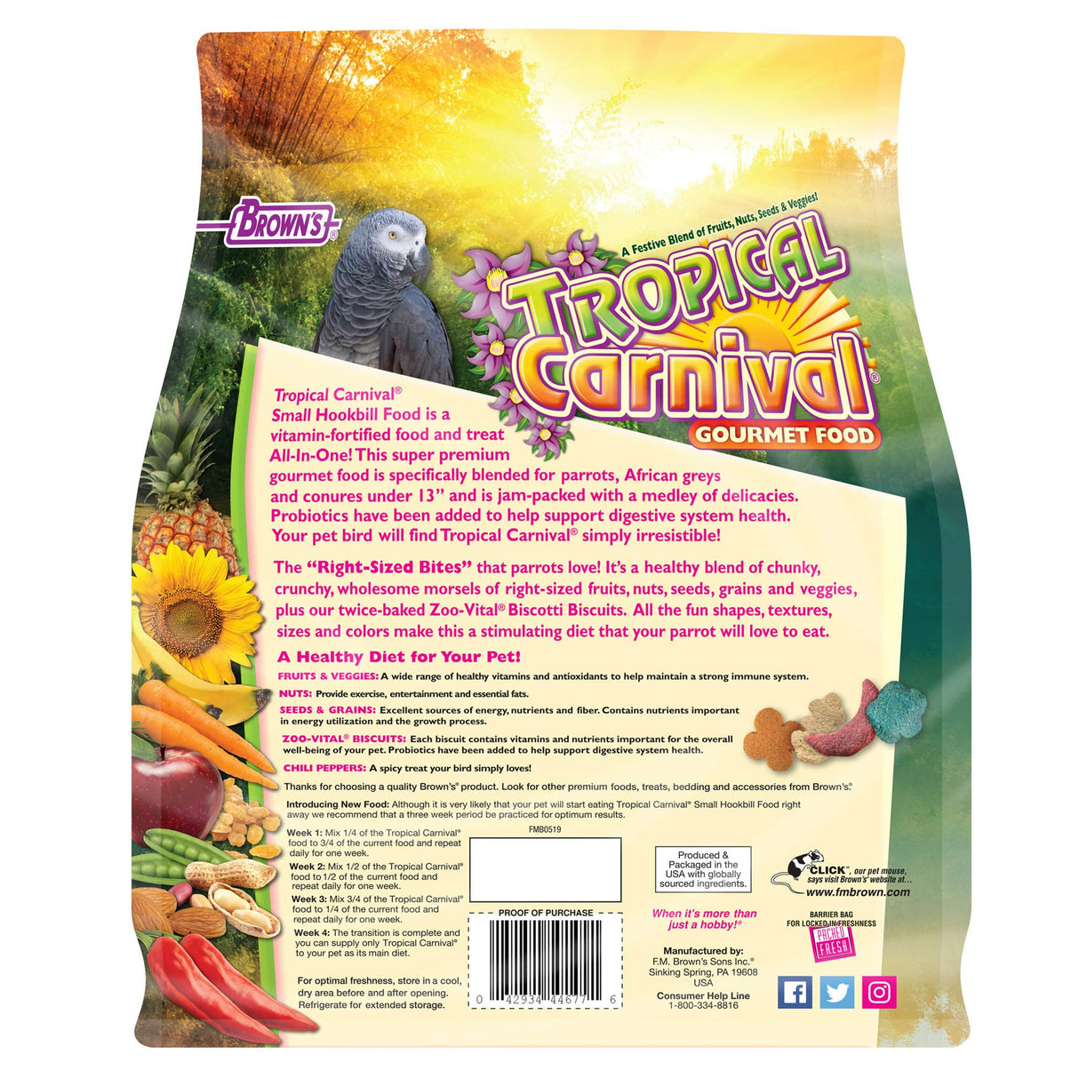 F.M. Brown's Tropical Carnival Gourmet Bird Food for Parrots, African Greys, and Conures Under 13", Probiotics for Digestive Health, Vitamin-Nutrient Fortified Daily Diet - 5 lb.