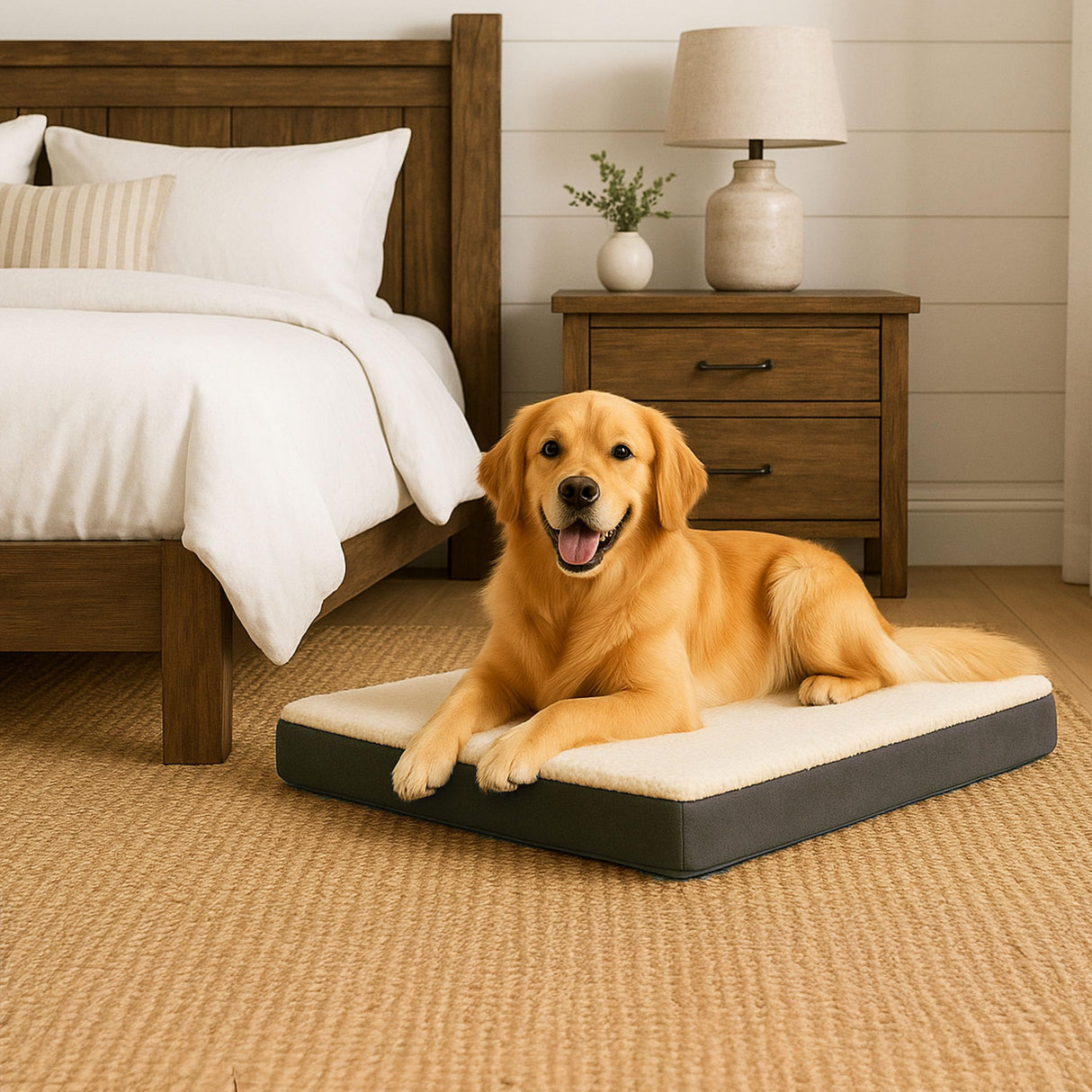 Orthopedic Dog Bed - 2-Layer 36x27-Inch Memory Foam Pet Mattress with Machine-Washable Sherpa Cover for Large Dogs up to 65lbs by PETMAKER (Gray)