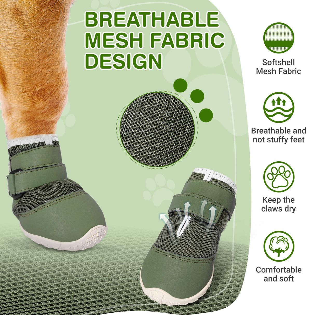 DcOaGt Dog Shoes Mesh Breathable Dog Booties for Hot Pavement Summer with Anti-Slip Sole,Dog Boots Paw Protectors for Small Medium Puppy for Winter Snow Rain Hiking,Military Green 4PCS(Size 4)