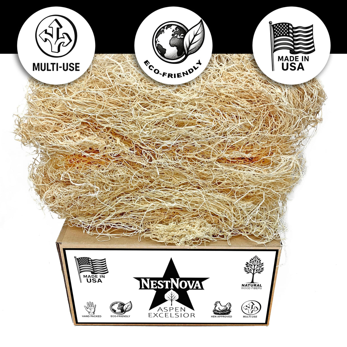NestNova™ Aspen Excelsior – 2 lb Box of All-Natural USA-Grown Aspen Wood Fiber | Eco-Friendly Nesting Material for Chicken Coops, Small Pet Bedding, Crafts & Gift Baskets | Biodegradable, Hand-Packed