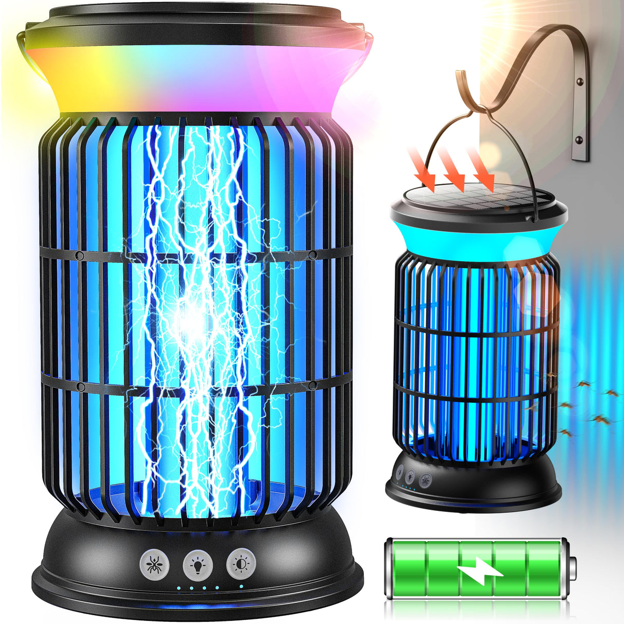 Solar Bug Zapper Outdoor, Cordless Mosquito Zapper, 4000mAh Rechargeable Bug Zapper, Electric Fly Zapper, Smart Auto ON/OFF Insect Zapper with 5 Modes for Outdoor, Patio, Kitchen, Bedroom
