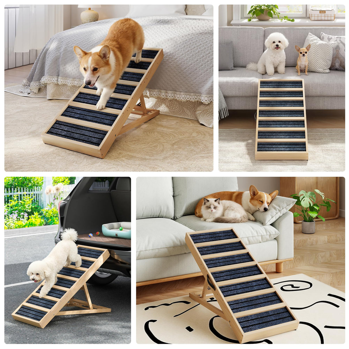 Dog Ramp for Bed, Couch- Upgraded Non-Slip Wooden Pet Ramp with Sturdy Construction, 4 Adjustable Heights (16" to 22"), Supports 132 lbs for Small & Medium Dogs