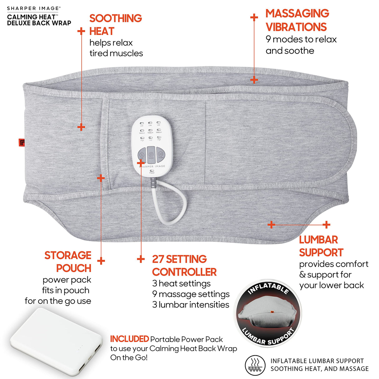 Calming Heat Back Wrap by Sharper Image- Cordless Electric Back Heating Pad, Inflatable Lumbar, Soothing Heat & Vibration- 27 Settings 3 Heat, 9 Vibration, 3 Lumbar Includes Portable Power Pack