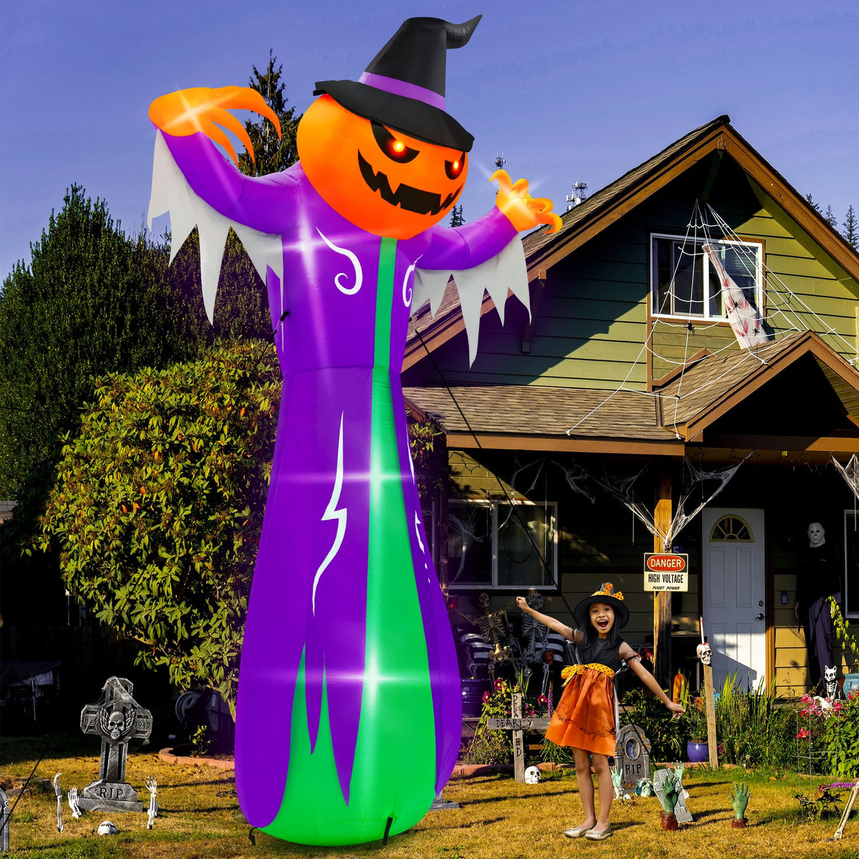 14FT Halloween Inflatables Decorations, Giant Halloween Inflatables Pumpkin Ghost with Witch Hat, Pre-lit Blow Up Halloween Inflatables Decor for Haunted House Halloween Outdoor Party Yard Lawn
