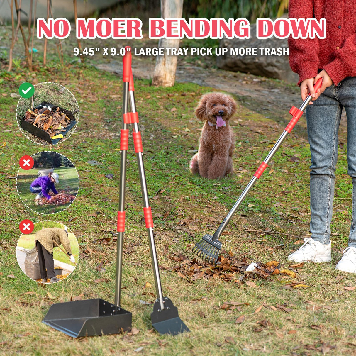 FUSBUNTY Dog Pooper Scooper Set, Pooper Scooper for Dog, Heavy Duty Stainless Steel Rake with Extra Large Tray & Spade No Bending Clean Up for Pet Waste Removal, for Grass, Dirt Or Gravel.