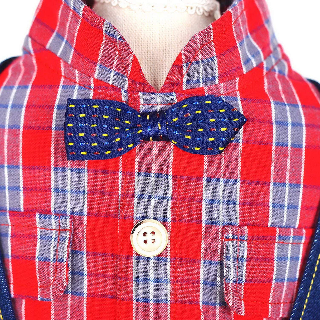 SMALLLEE_LUCKY_STORE Pet Clothes Costume Puppy Denim Overalls for Small Medium Dogs Cats Boys Bowtie Plaid Shirt Jeans Pants Outfits Chihuahua One Piece Jumpsuit,Red S