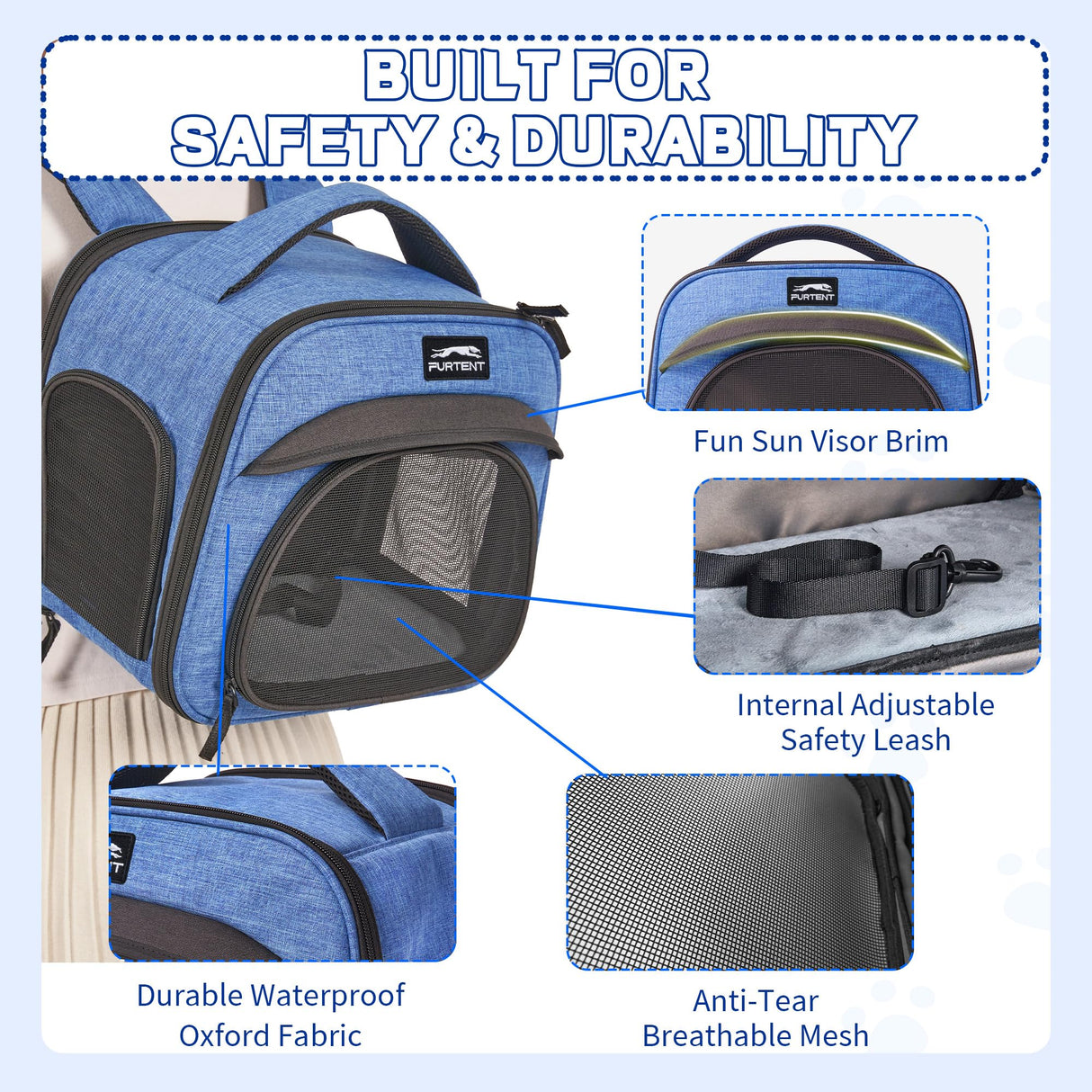 Small Pet Carrier, Breathable Collapsible Pet Bag with Safety Leash for Small Puppy, Kitten, Guinea Pig Weighing up to 8 Pounds Designed for Travel, Hiking, Walking and Outdoor Use, Blue