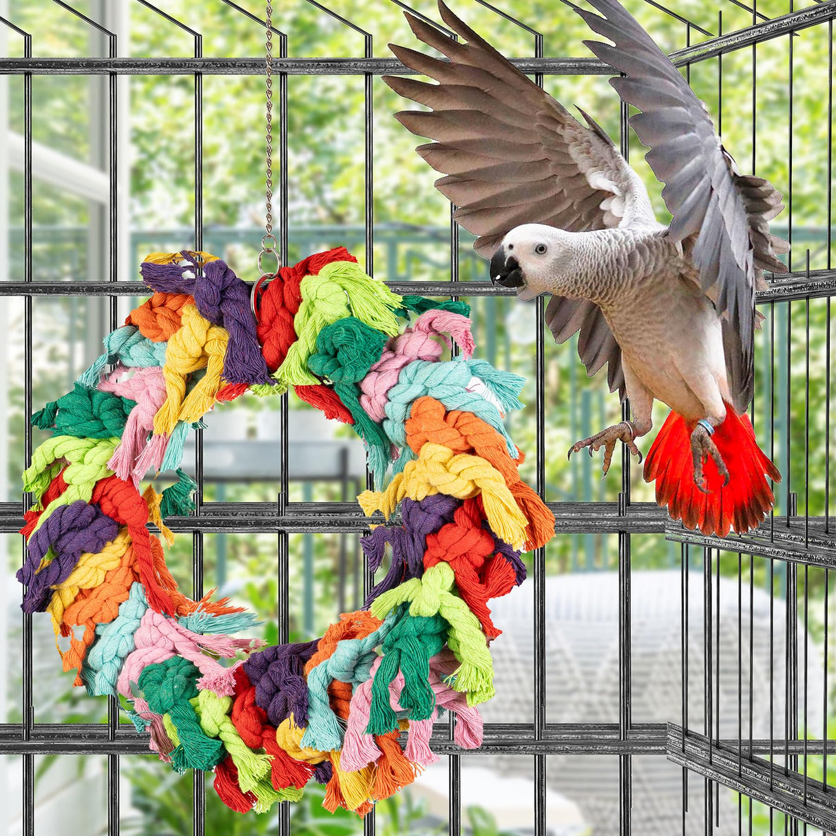 Napiass Parrot Swing for Large Birds - Colorful Cotton Rope Hanging Ring Toy for African Grey, Cockatoo, Conure, and Parakeet | Chewing, Exercise, Climbing, and Snuggling (Parrot Swing)