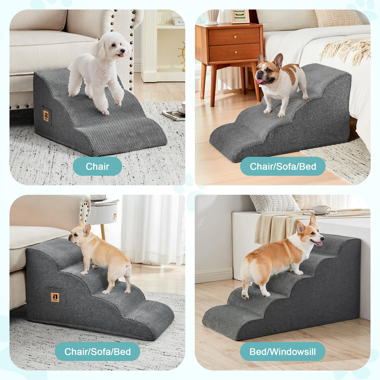 IFNOW Dog Stairs for Small Dogs 15.7''H, 4-Step Sturdy Dog Steps for Bed, Couch, Sofa, Waterproof Pet Stairs for Older Cats, Puppy, Removable Washable Cover, Non-Slip Curved Pet Ramp Indoor, Grey