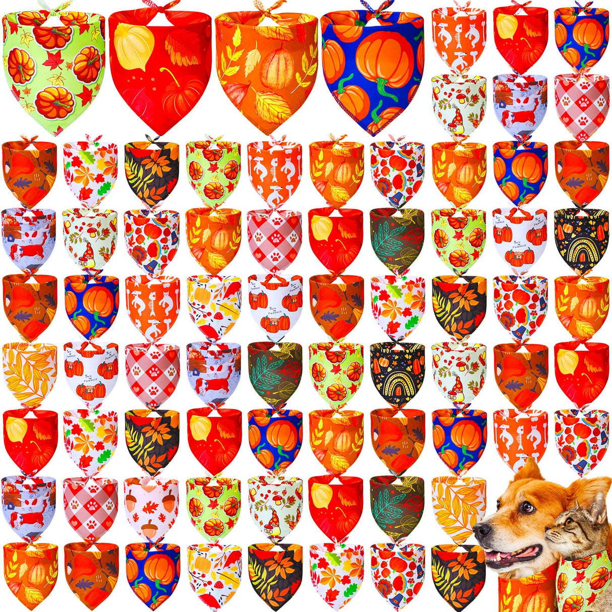 Locmeo 100 Pcs Fall Dog Bandanas Bulk Autumn Thanksgiving Day Dog Bandanas Adjustable Pumpkin Maple Leaves Pattern Pet Bibs Triangle Fall Thanksgiving Scarf Costume for Small Medium Pet Puppy(M)