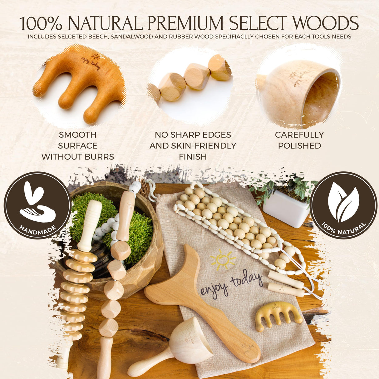 Enjoy Today 6 Pc Professional Solid Wood Therapy Massage Tools with Instruction Guide. Maderoterapia Kit with Lymphatic Drainage Massager, Cellulite Massager and Cupping Kit for Massage Therapy,