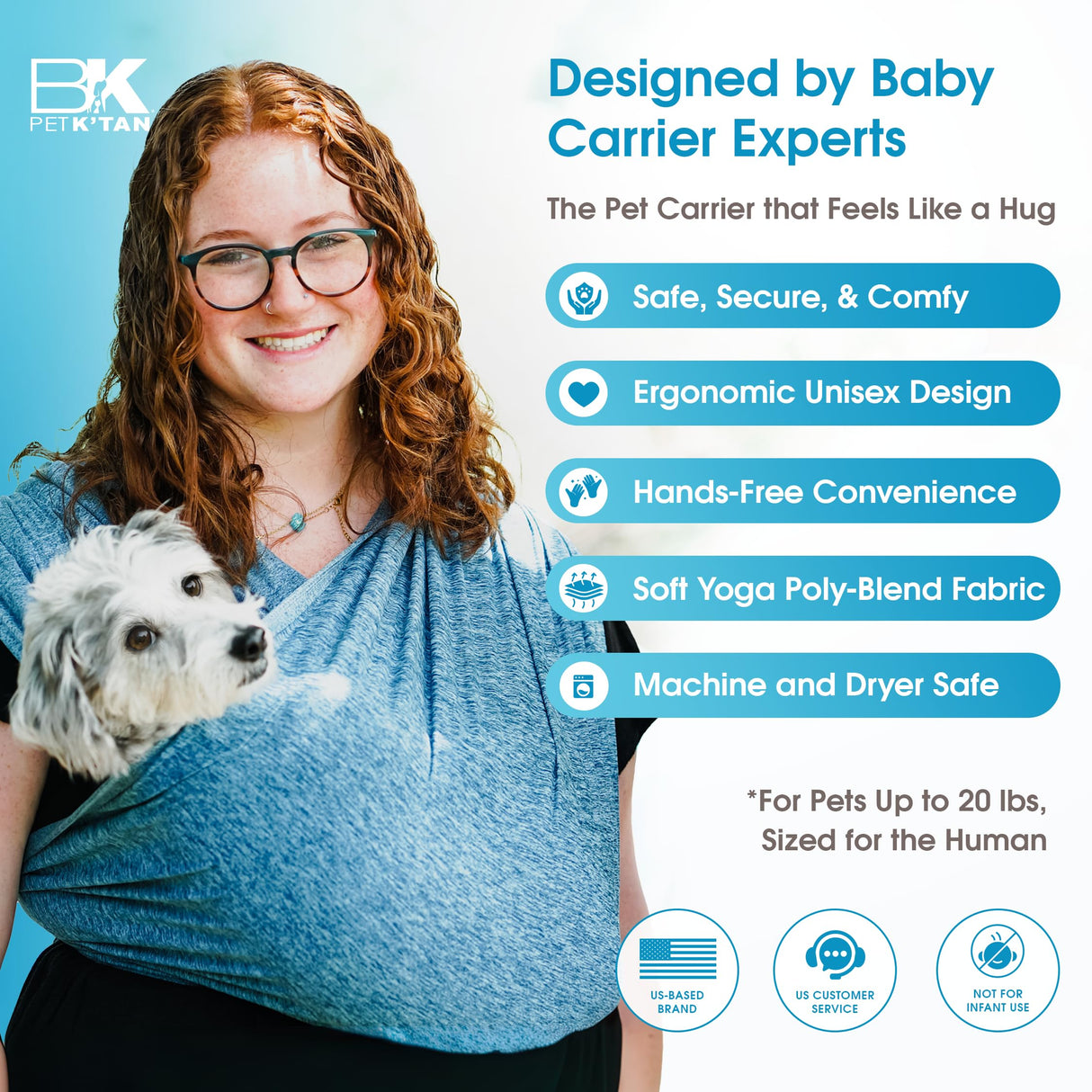 Pet K’tan Anti Anxiety Wearable Cat & Dog Carrier – Hands-Free Front Facing Adjustable Pet Cuddler Sling for Small to Medium Pets & Puppies up to 20 lbs | Pawquamarine | X-Small