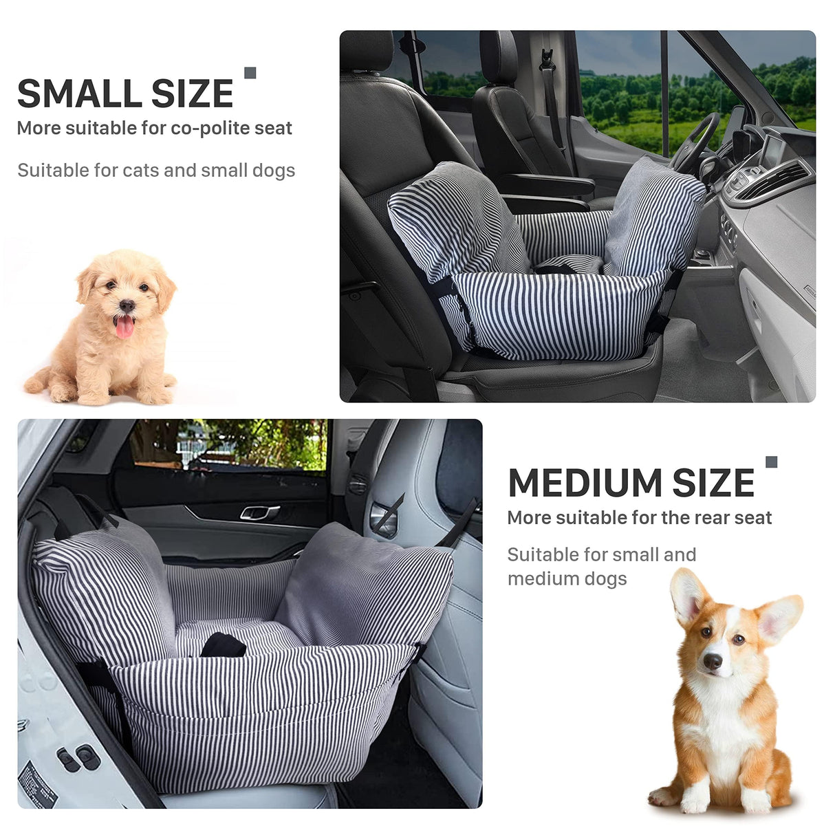 BNCKTRD Dog Car Seat for Medium Dogs Under 60 lbs Pet,2 in 1 Booster Seats Dog Bed for Car and Home Safety Travel Carrier with 2 Pockets, Blau Stripes