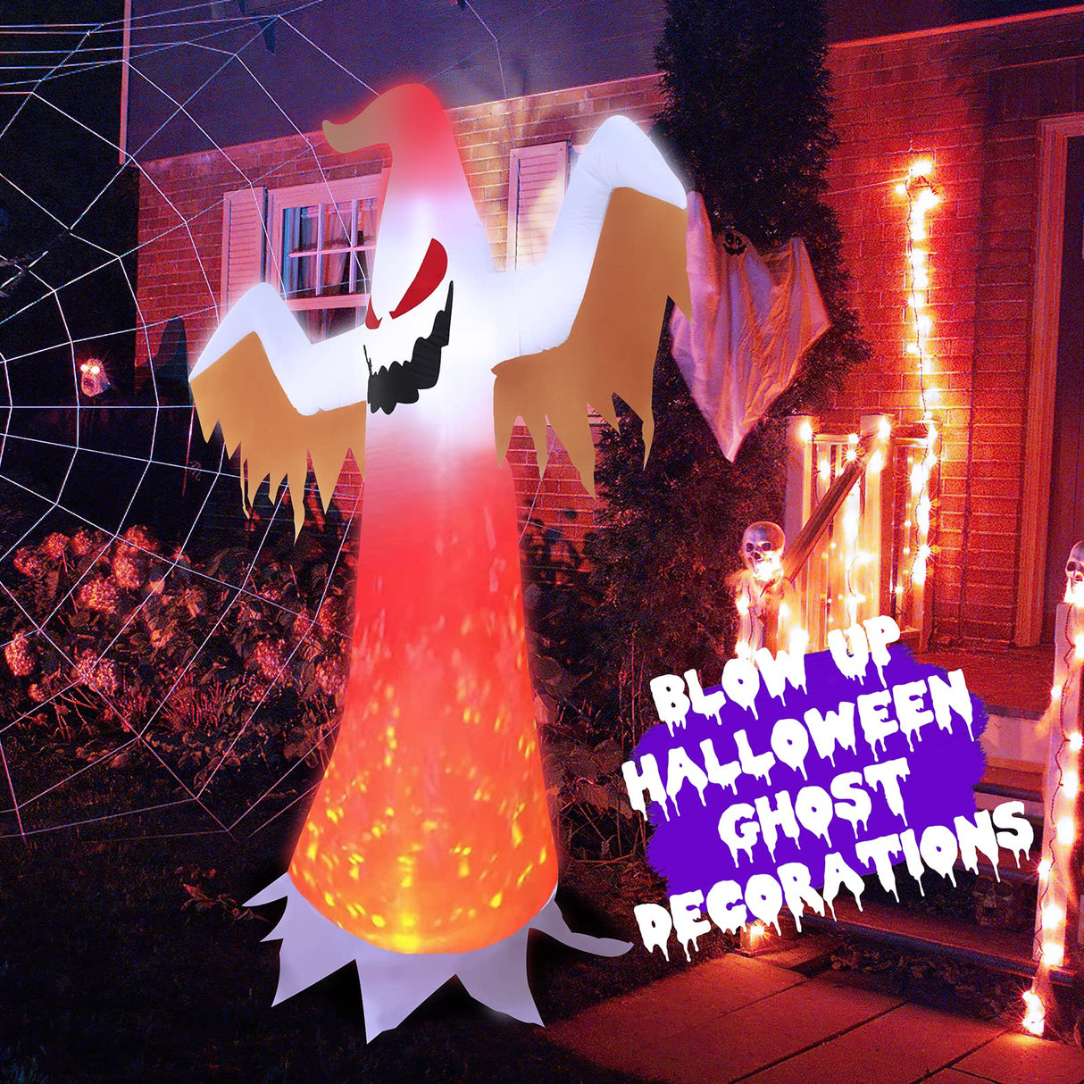 Dearsun 8FT Giant Halloween Inflatable Ghost with red Flame lamp Inside, Blow up Halloween Inflatable Outdoor Decoration Jumbo Party Yard Decoration (Ghost with Flame lamp)