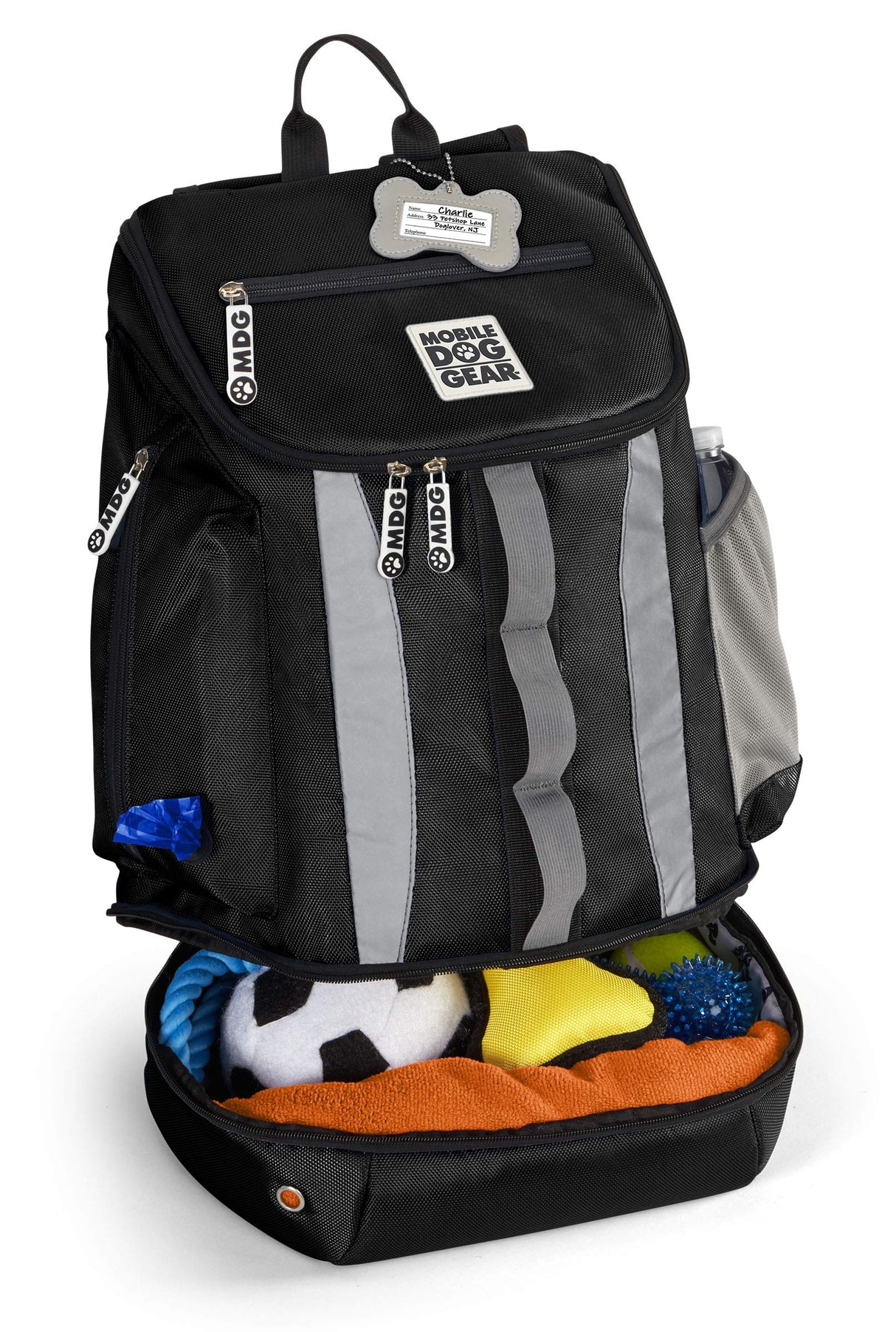 Mobile Dog Gear, Dog Travel Bag, Drop Bottom Week Away Backpack for Medium and Large Dogs, Includes 2 Lined Food Carriers and 2 Collapsible Dog Bowls, Black