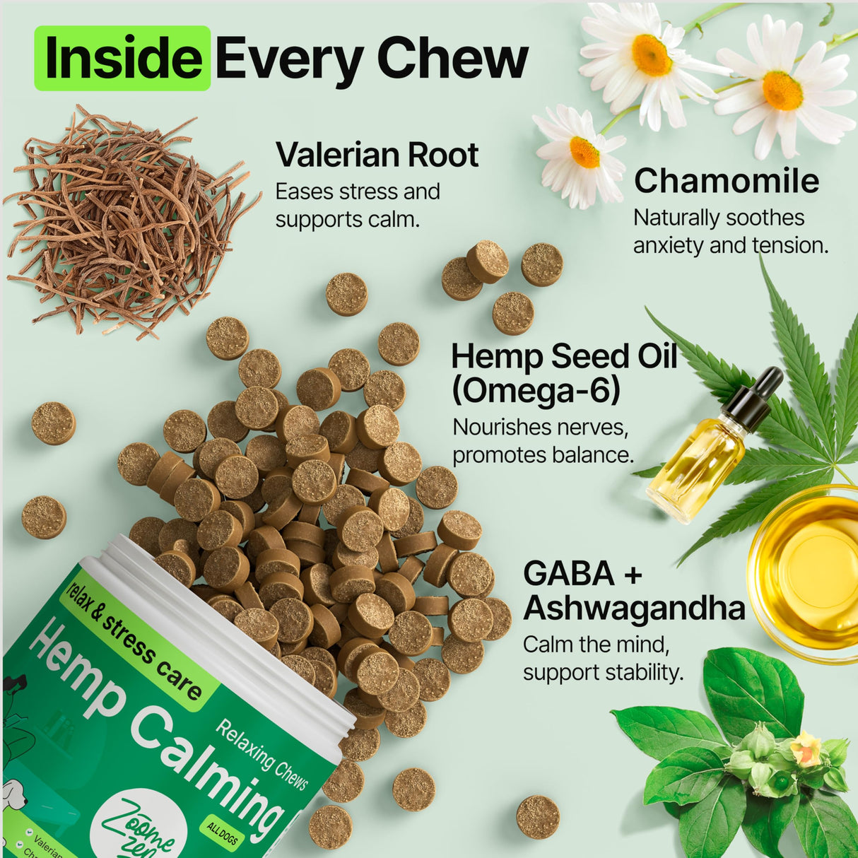 ZOOMEZEN Hemp Calming Chews for Dogs Anxiety – Dog Calming Chews for Puppies & Adults – Stress, Sleep Aid & Dog Anxiety Relief Treats with Melatonin & Valerian – 1 Pack, 170 Count, Made in USA