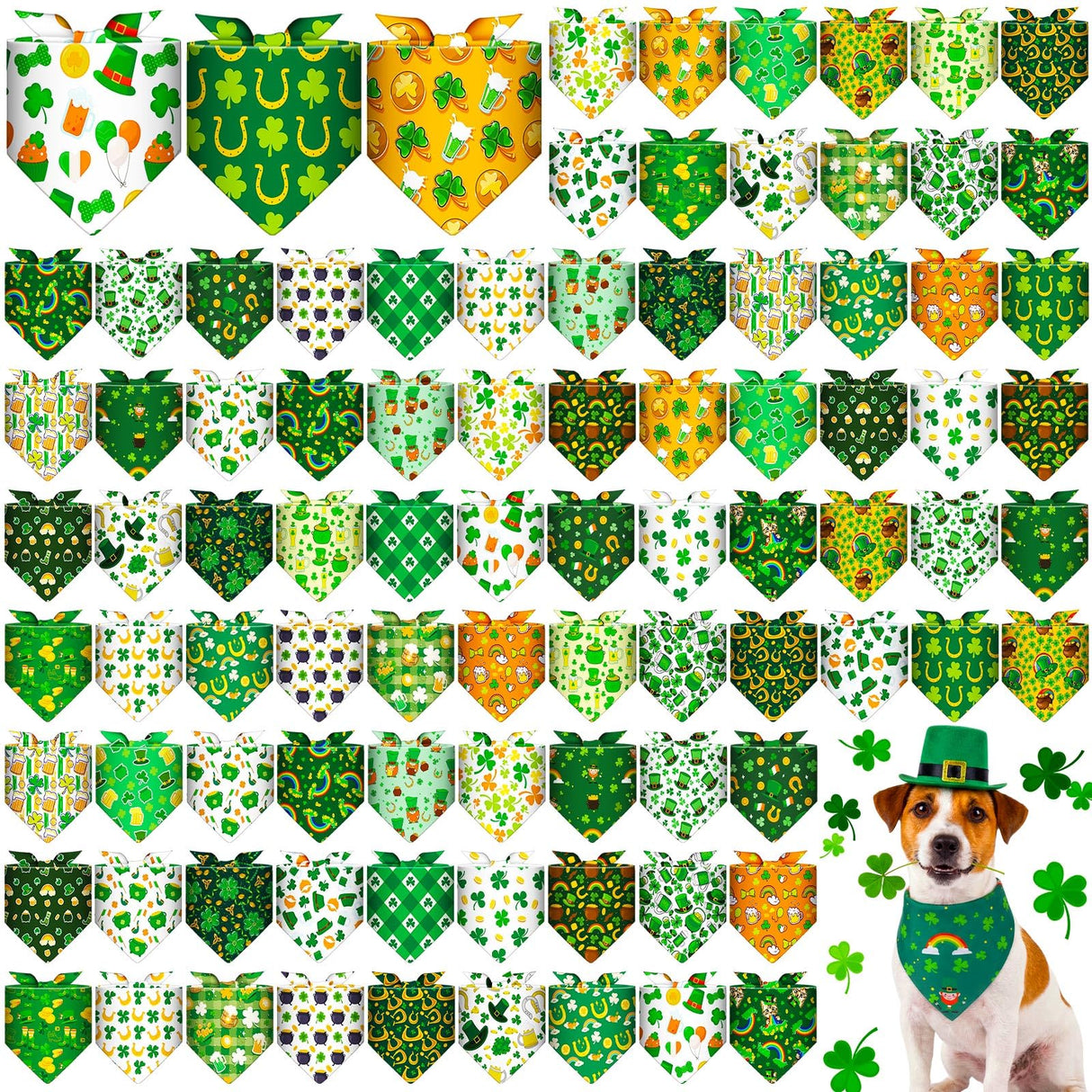 Youyole 120 Pcs Dog St. Patrick's Day Bandana Bulks Shamrocks Dog Bandanas Green Pet Scarf Soft Cat Triangle Scarfs Pet Bandana Green Hat Gnome Bibs for Small and Medium Breed