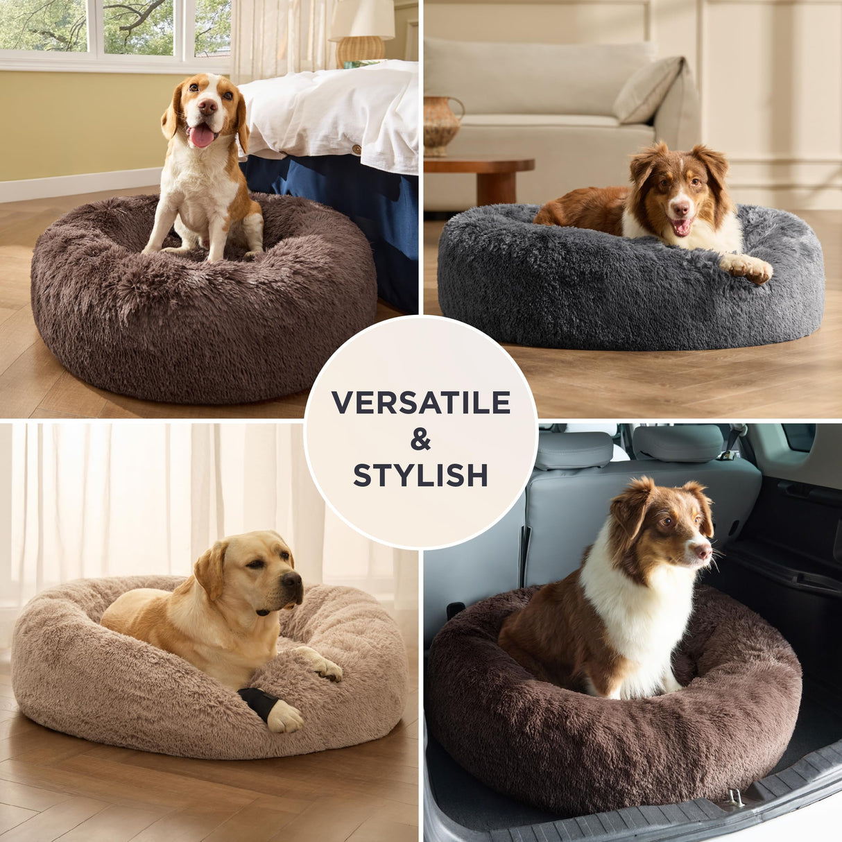 Bedsure Calming Dog Beds Large Sized Dog - 36in Donut Washable Large Pet Bed,Anti-Slip &Removable Cover,420GSM Round Anti-Anxiety Fluffy Plush Faux Fur Bed, Fits up to 80 lbs Pets,Plus Version