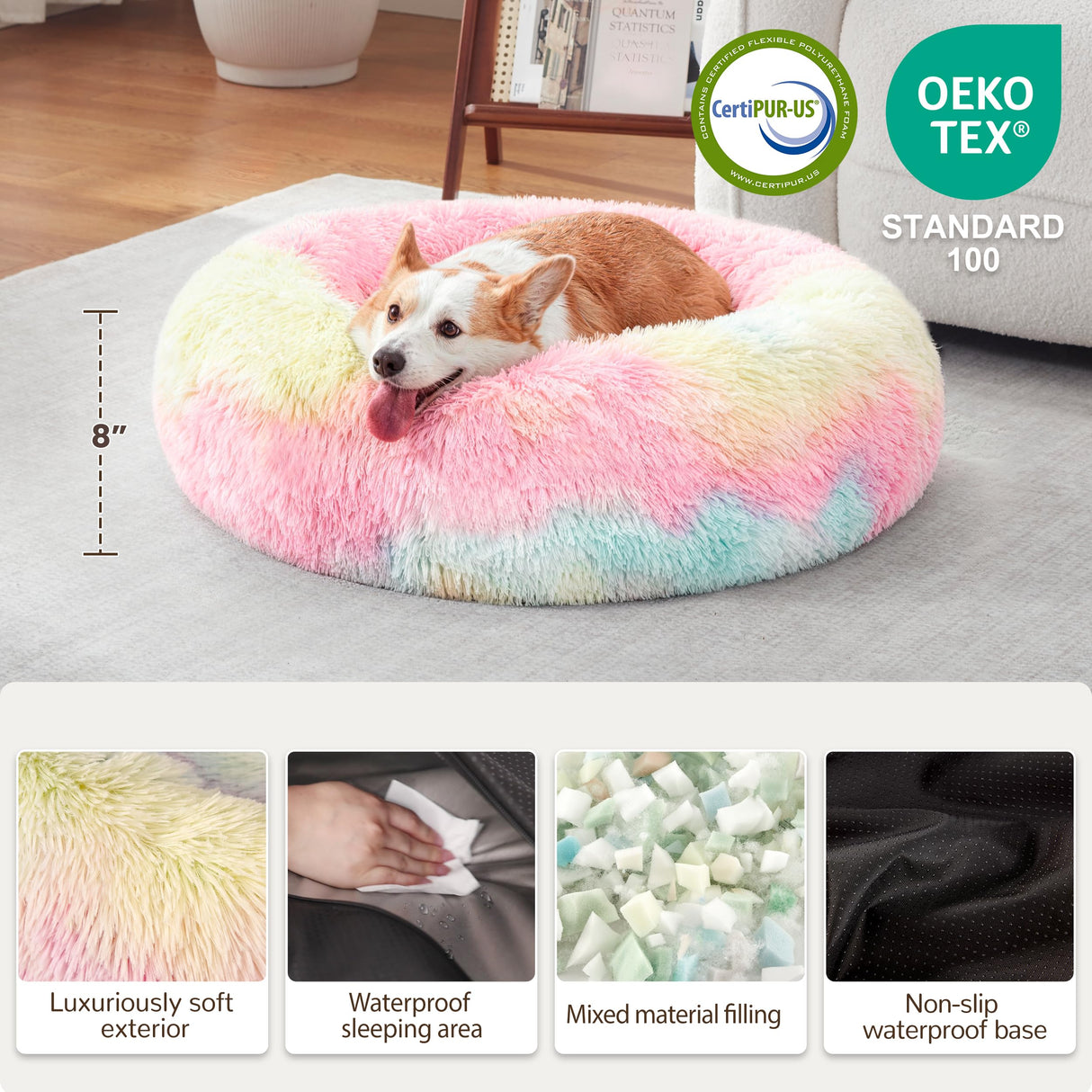 Warmrest Donut Dog Bed Medium Size Dog, Round Cat Beds for Small Medium Dogs and Cats with Washable Fluffy Faux Fur, Cute Comfort Pet Bed with Anti-Slip Bottom, Rainbow, 30"