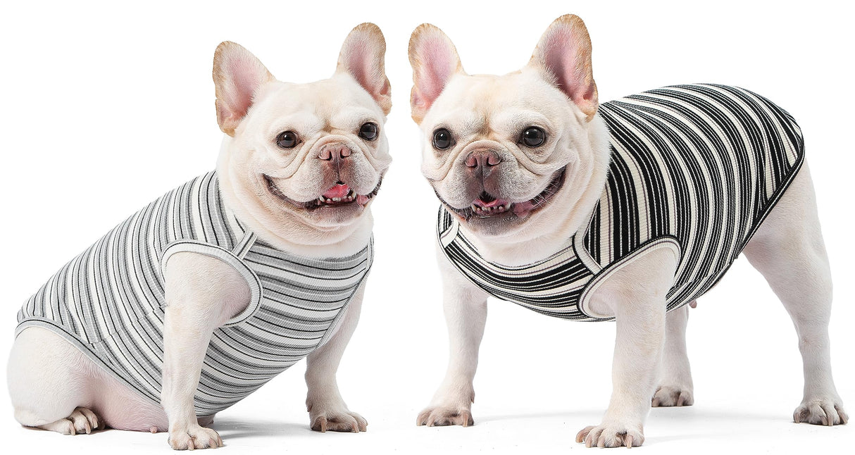Knuffelen Dog Shirts Vest Cotton Striped T-Shirt, Sleeveless Stretchy Pet Clothes for Small Dogs, 2-Pack Soft Breathable Puppy Tank Top Cat Tee (Large, Black,Gray)