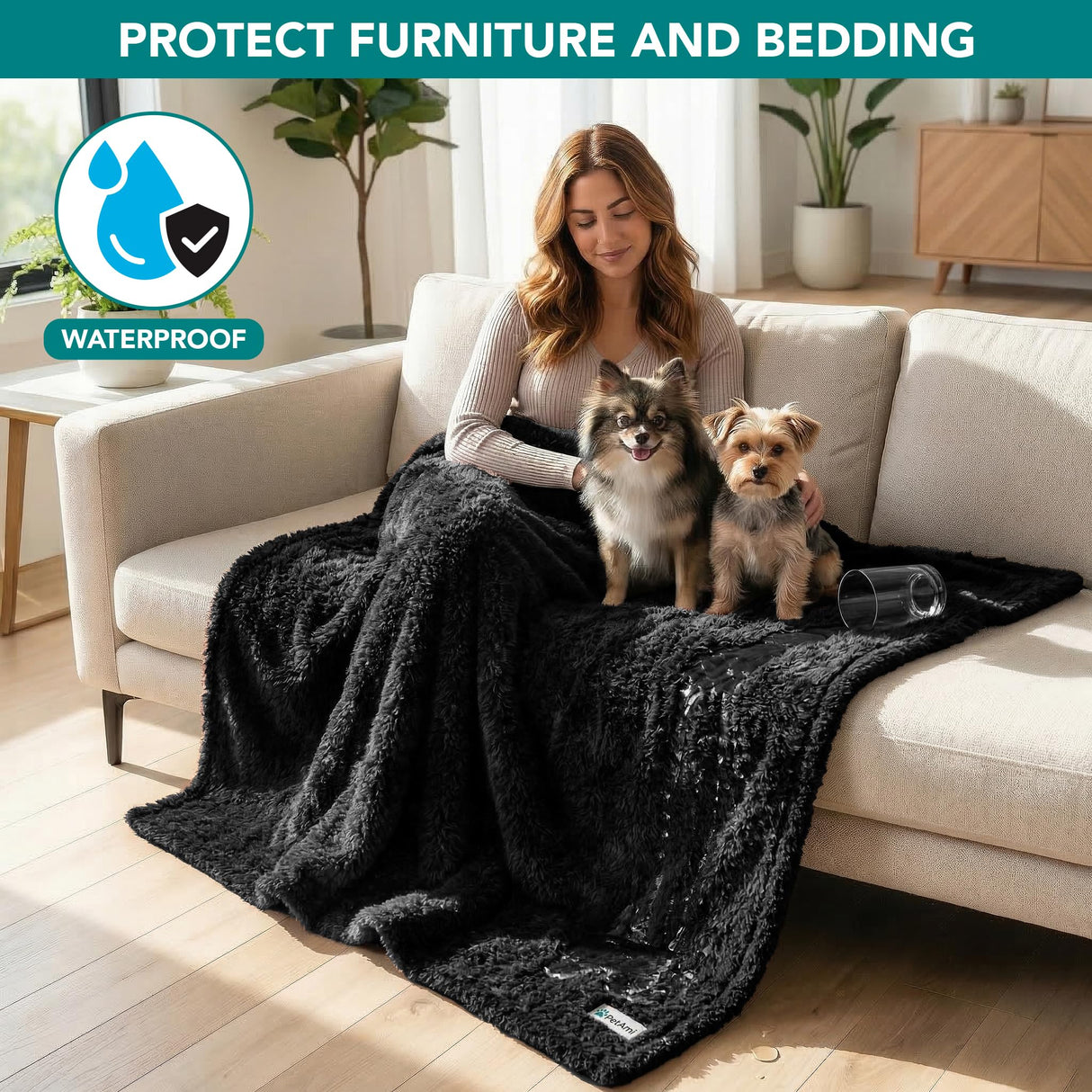 PetAmi Fluffy Waterproof Dog Blanket for Small Medium Dogs, Soft Warm Pet Sherpa Throw Pee Proof Couch Cover, Reversible Cat Puppy Bed Blanket Sofa Protector, Plush Washable Pad (Black, 29x40)