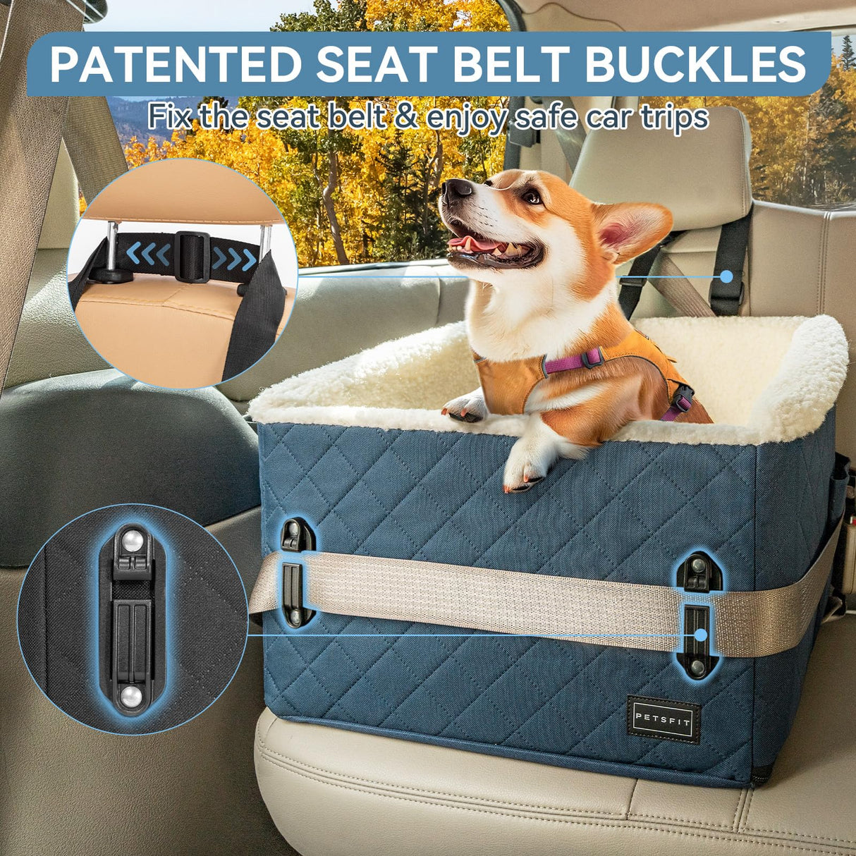 PETSFIT Pet Car Seat for Small Dogs, Soft Foam Dog Booster Car Seat with Patented Safety Buckles, Storage Pockets and Detachable Clip-On Safety Leash, Dog Carseat for Small Dogs Under 30 LBS (Blue)