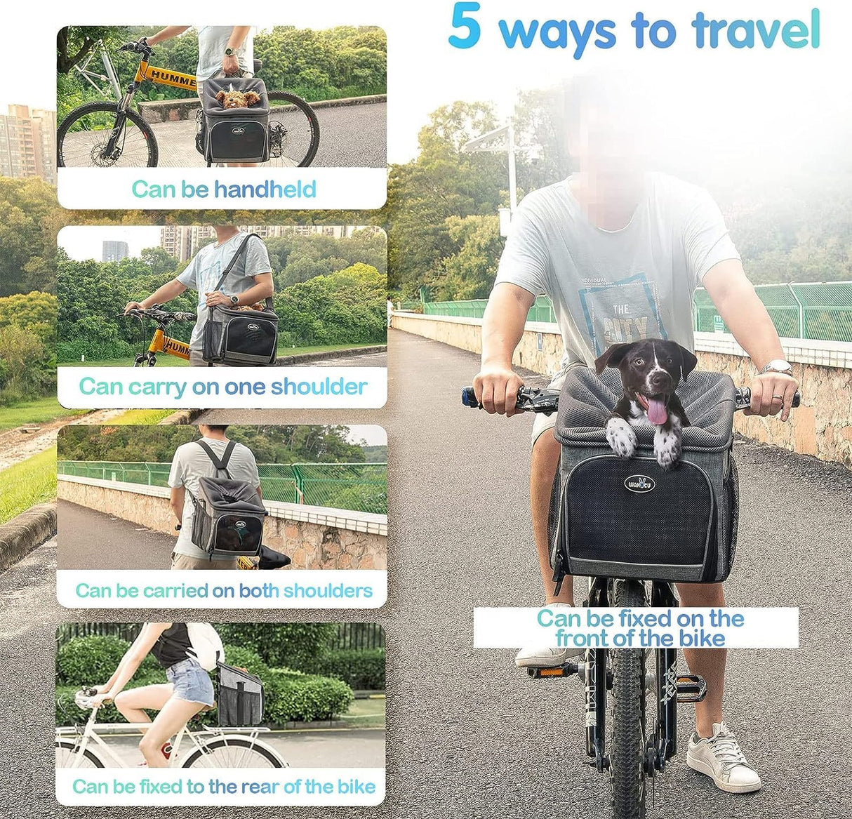 Wakytu Dog Bike Basket Carrier, Pet Bicycle Front Carrier Backpack for Bike Riding Foldable Removable, Reflective Strips, 2 Side Storage Pockets, Pet Travel Bag for Cats Small Dogs