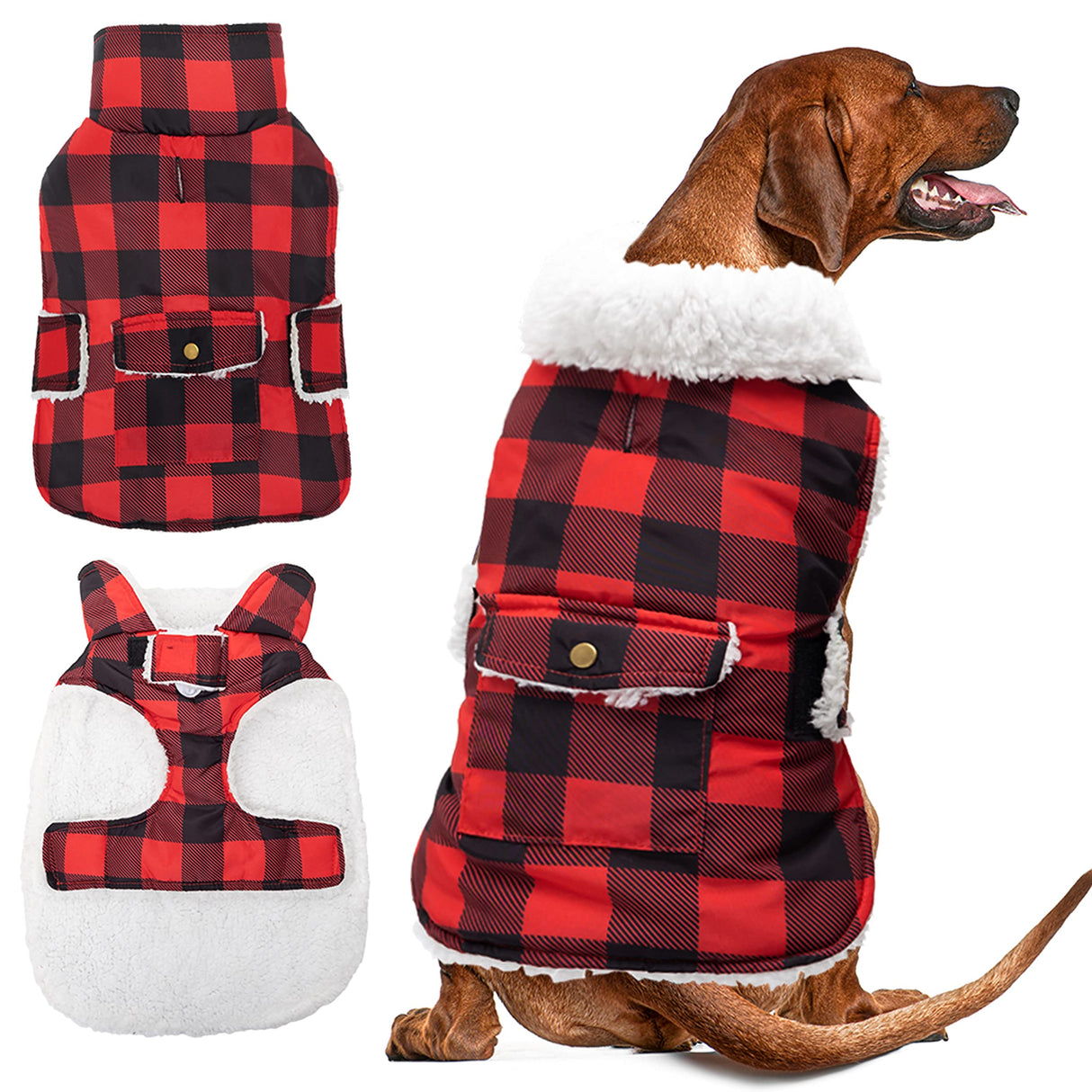 ORZECHKO Dog Winter Coat - Windproof Fleece Warm Thick Dog Jacket Clothes for Cold Weather - Plaid Pet Vest Coat Outfits for Small Medium Large Dogs - Indoor & Outdoor Use (S-XXL)