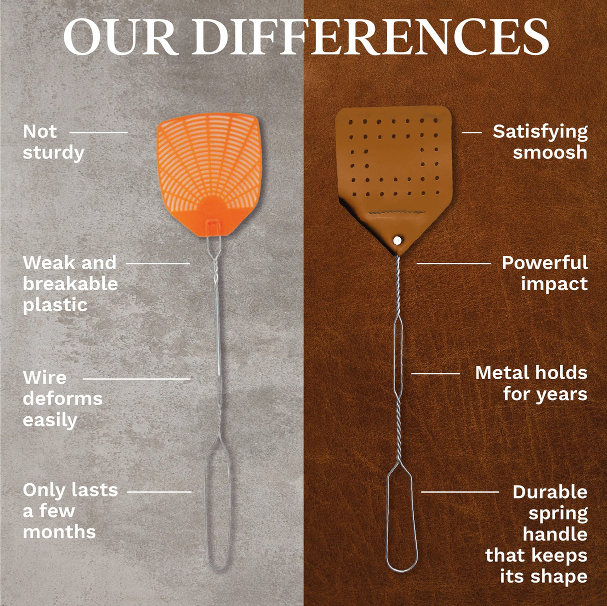 Hope Woodworking Leather Fly Swatter Set (3 Pack) – 17” Amish-Made Fly Swat w/Real Leather Paddle – Fly Swatters Multi Pack w/Metal Handle – Bug Swatter, Mosquito Swatter, Wasp Swatter (Brown)
