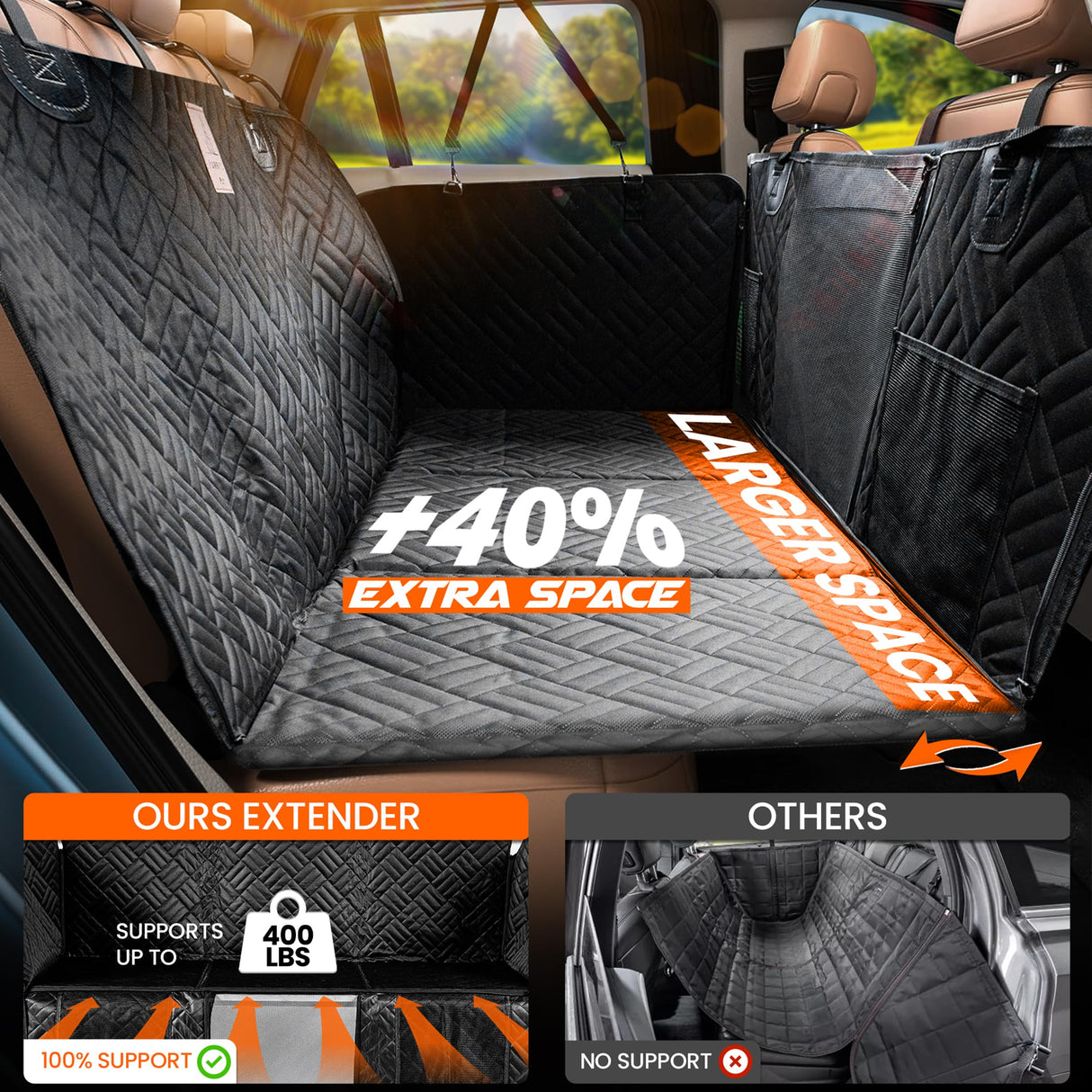 Dog Back Seat Cover Hard Bottom - 2025 Upgraded Materials - 6.4mm Support Boards Holds 400lbs - Waterproof Dog Hammock for Car, SUV & Truck - Pet Seat Cover for Back Seat - Backseat Extender for Dogs