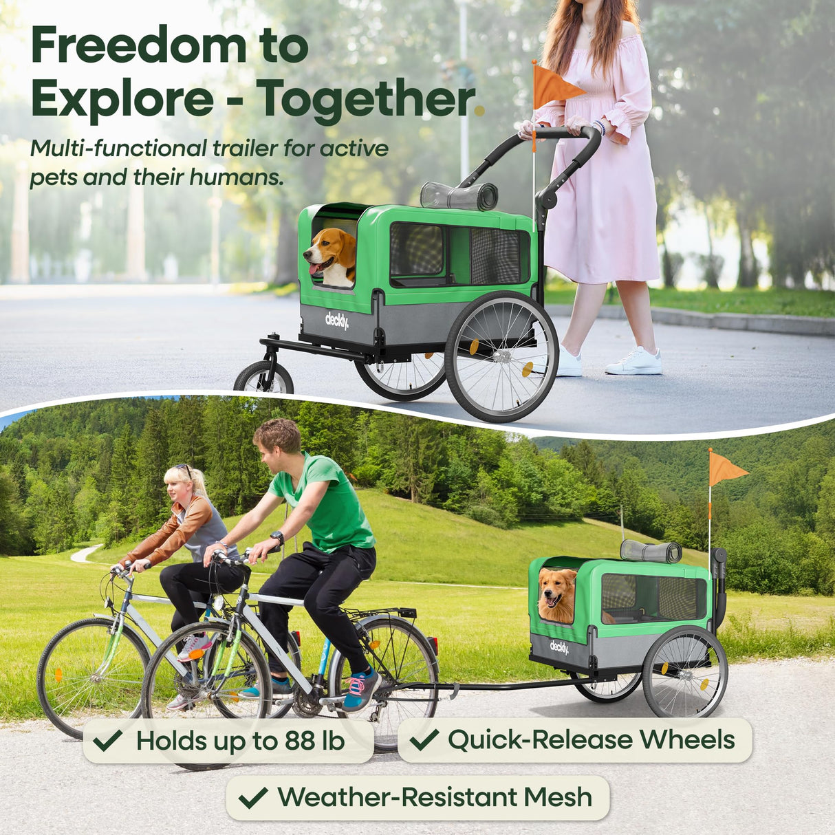 Deckly 4in1 Dog Bike Trailer - Dog Bicycle Trailer Attachment with 88lb Max Weight, Smooth Rolling Wheels Stroller - Pet Bike Carrier for Dogs, Versatile Pulling Cart for Cargo & Small/Large Dogs