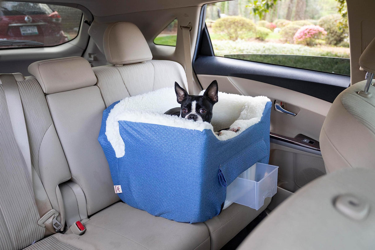 Snoozer Dog Car Seat with Storage Tray: Lookout II Dog Booster Car Seat for Pets up to 25lbs, Helps Alleviate Travel Sickness & Fear for Dogs, Removable Washable Cover – Denim Diamond, Size Medium
