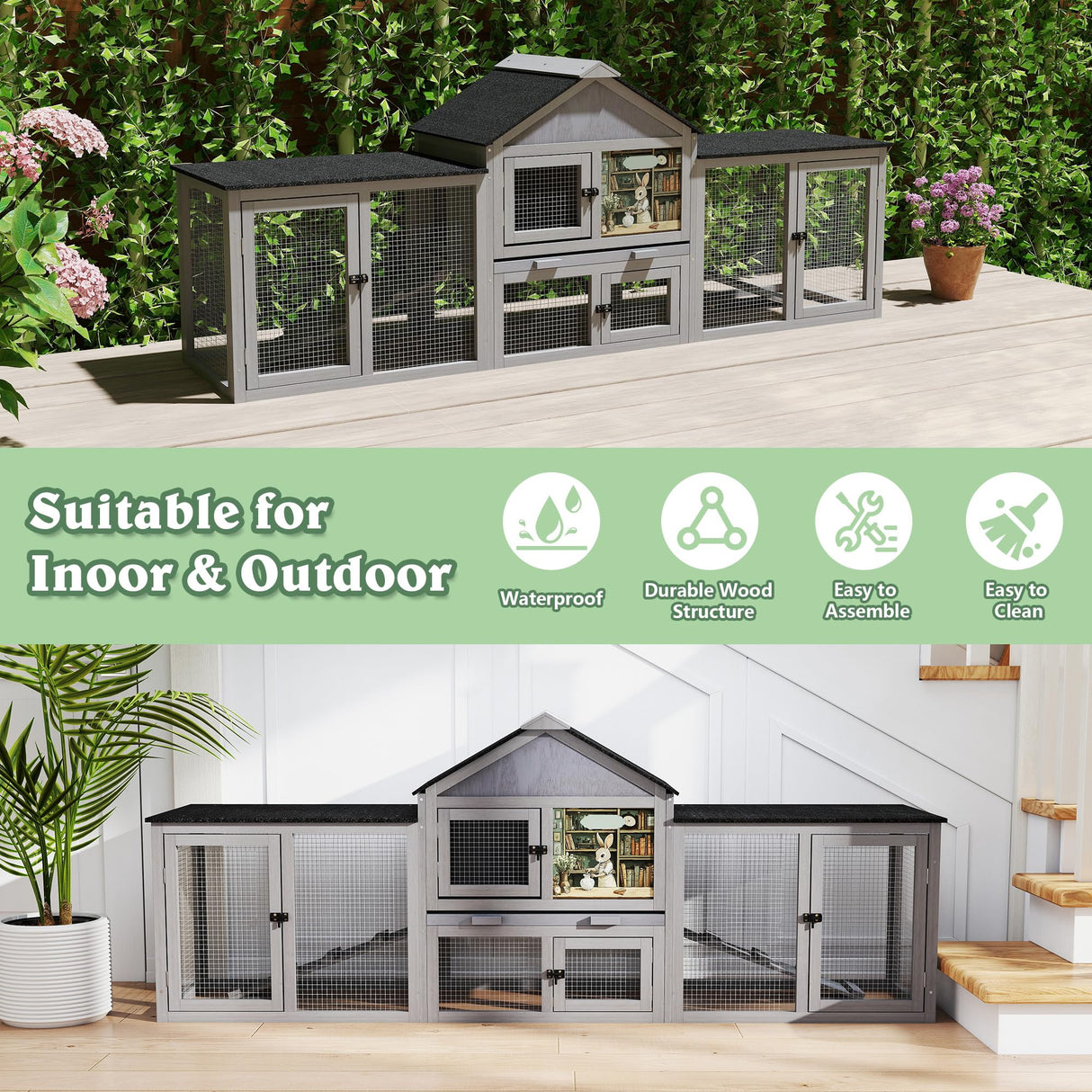 COZIWOW 82inches Extra Large Wood Rabbit Hutch Outdoor Easy to Assemble and Stable Bunny Cage Indoor with Cleaning Tray & Waterproof Roof for Small and Medium Bunny Rabbit Chick(Grey with Pattern)