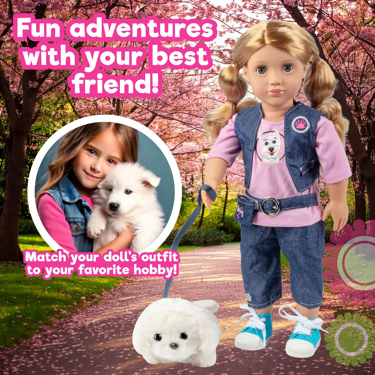 7pc Dog Walker Outfit w Pet Puppy- 18" Doll Clothes & Accessories Compatible w American Girl Dolls- Set Includes T-Shirt, Vest, Pants, Belt, Shoes, Dog Plush & Leash- Perfect Easter Basket Stuffer