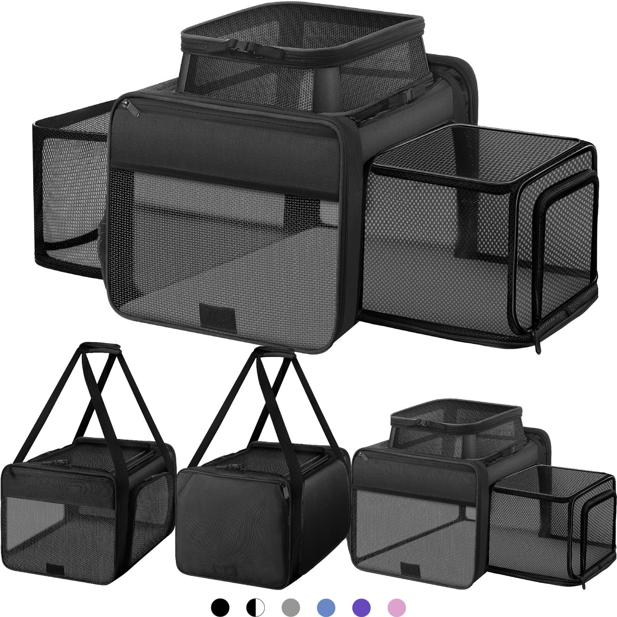Top and 2 Sides Expandable Cat Carrier 18x11x11, TSA Airline Approved Dog Carriers for Small Dogs, Soft-Sided Pet Carrier with Self-Locking Zippers for Kitten,Rabbit, Puppy, Guinea Pig Black